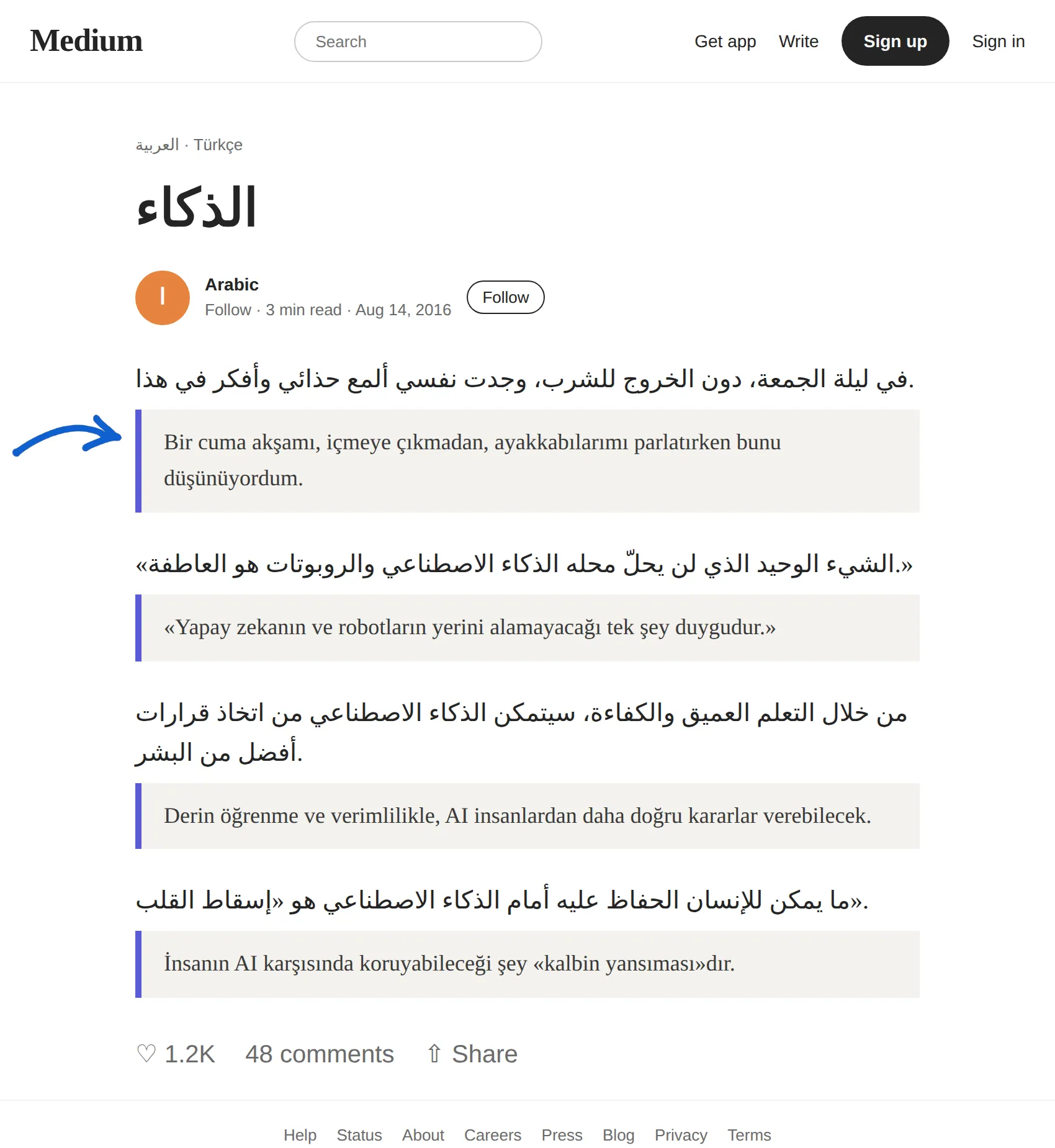Arabic article translated to Turkish with BothLang