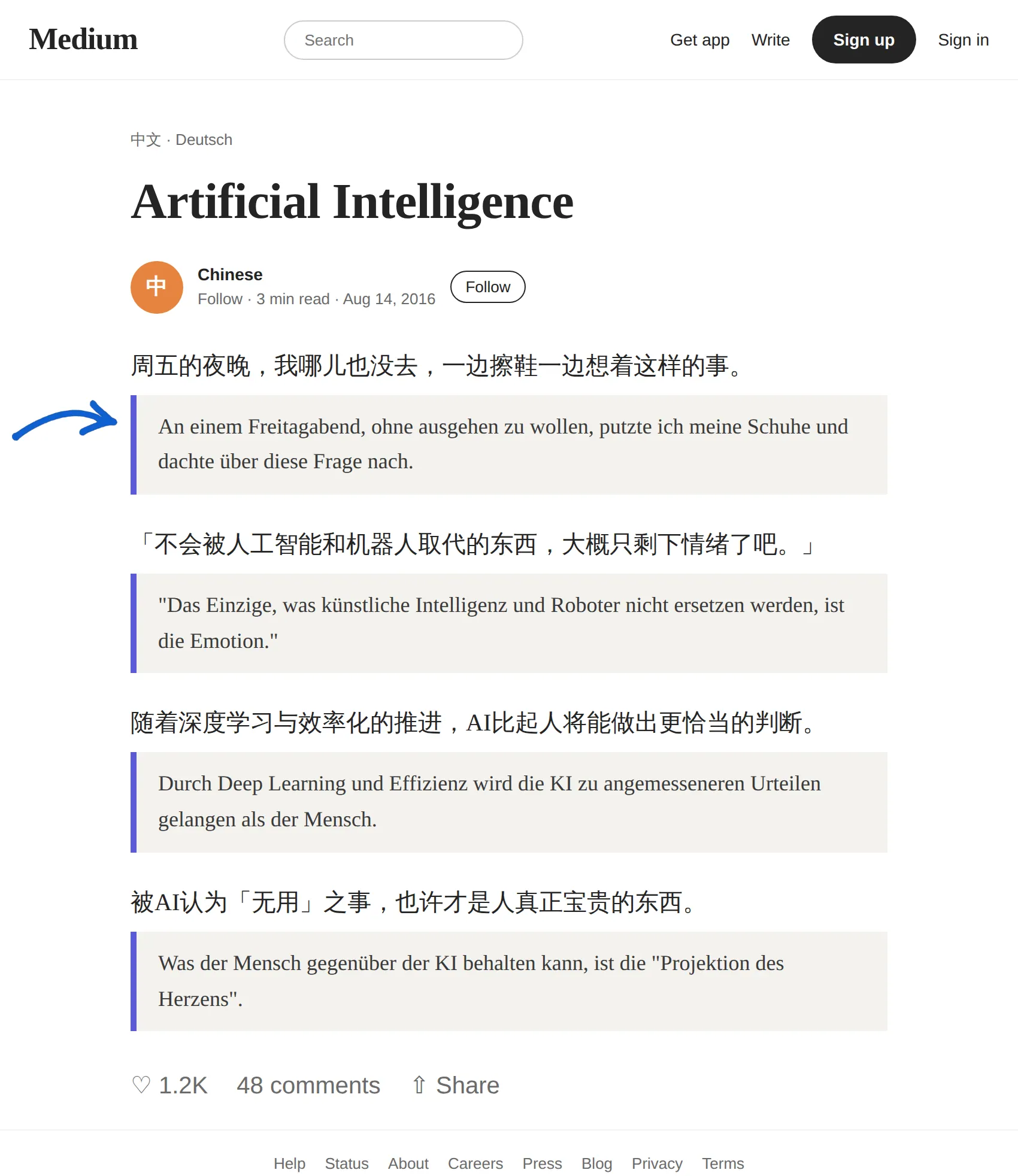 Chinese article translated to German with BothLang