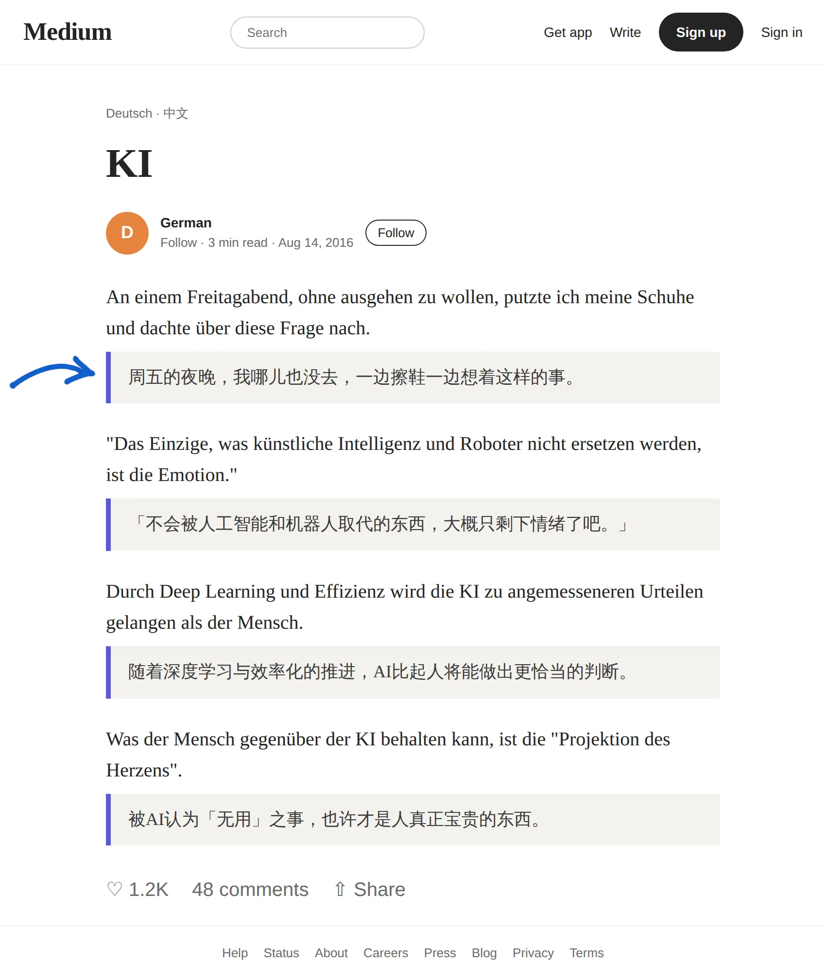 German article translated to Chinese with BothLang