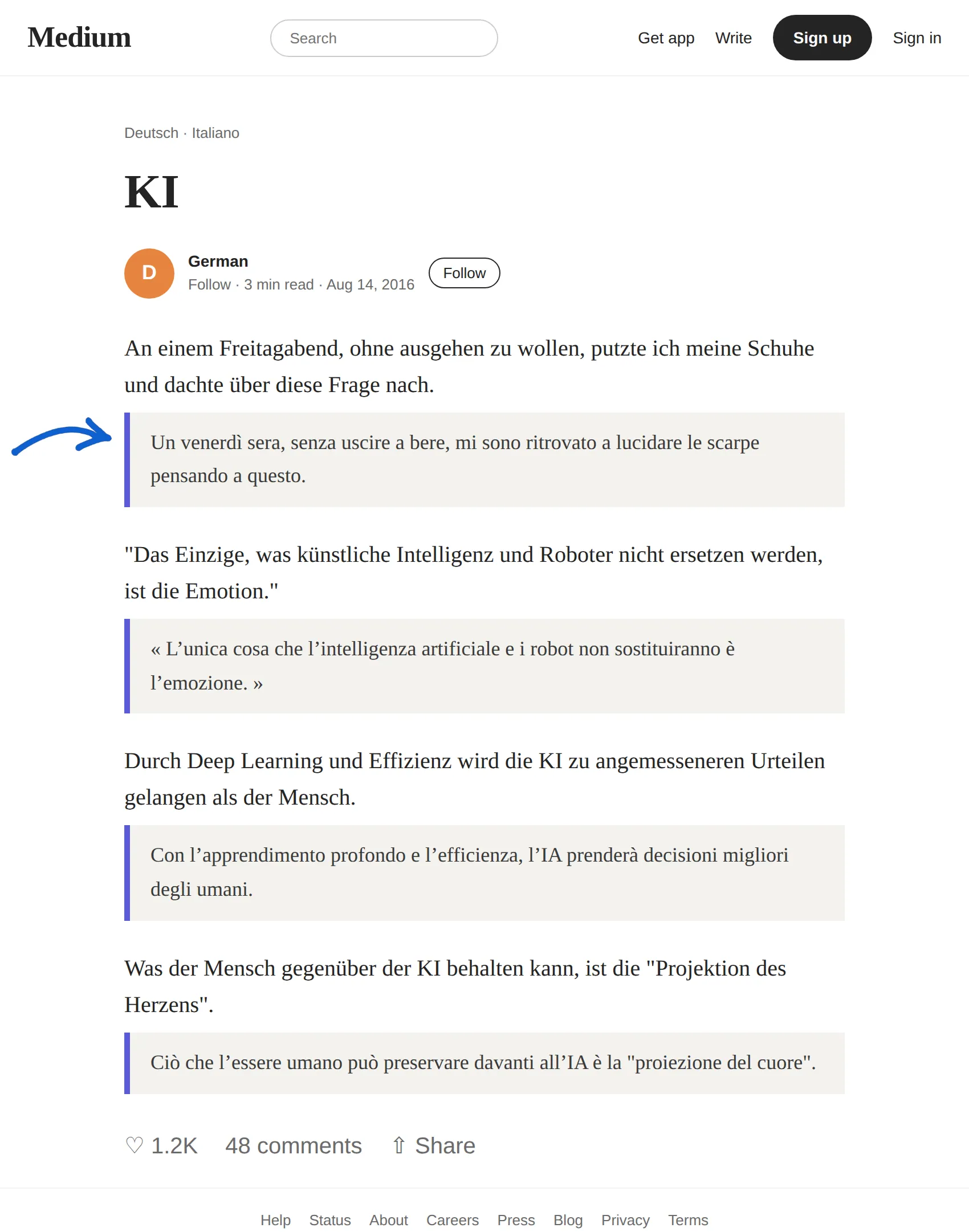 German article translated to Italian with BothLang