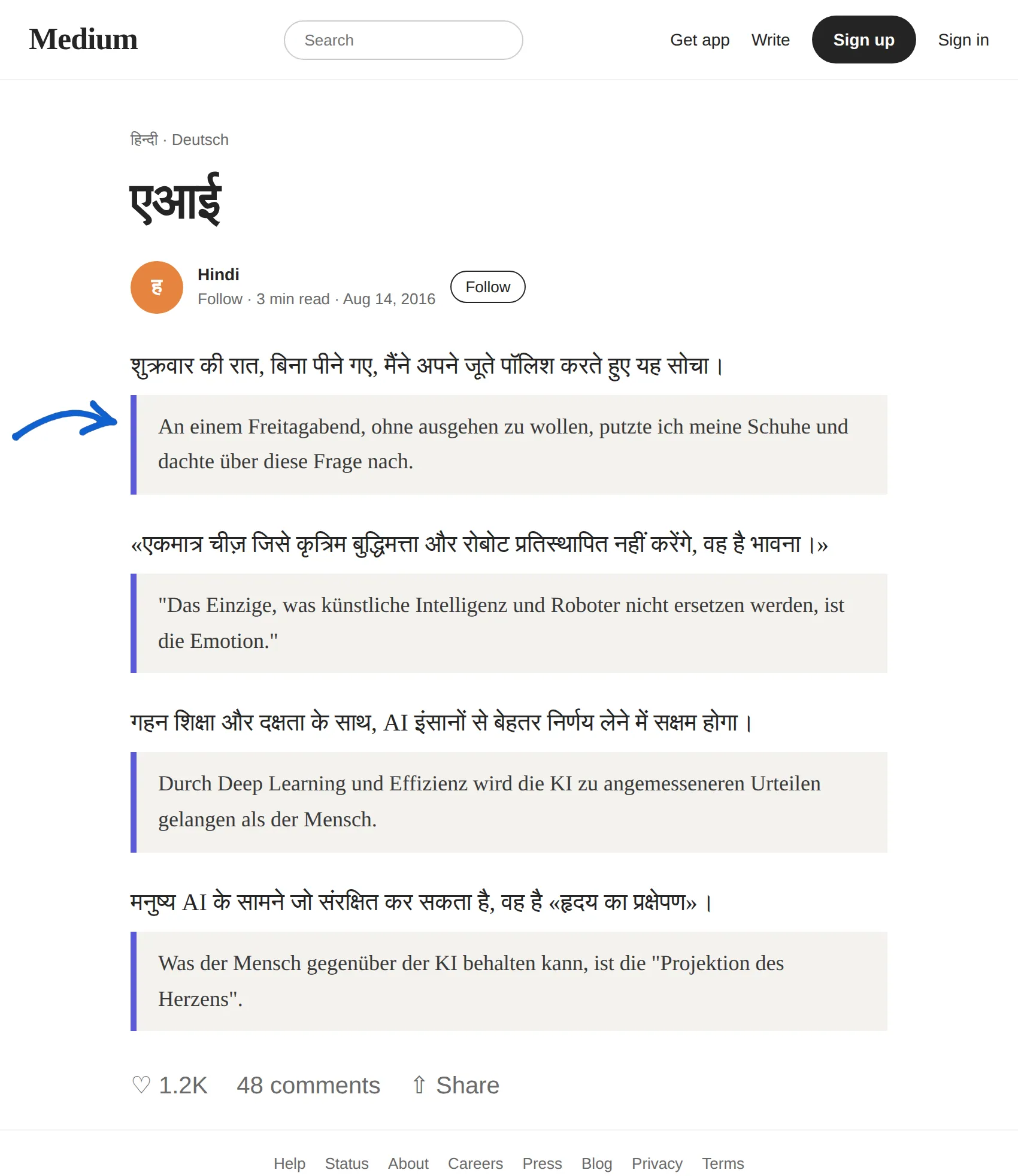 Hindi article translated to German with BothLang