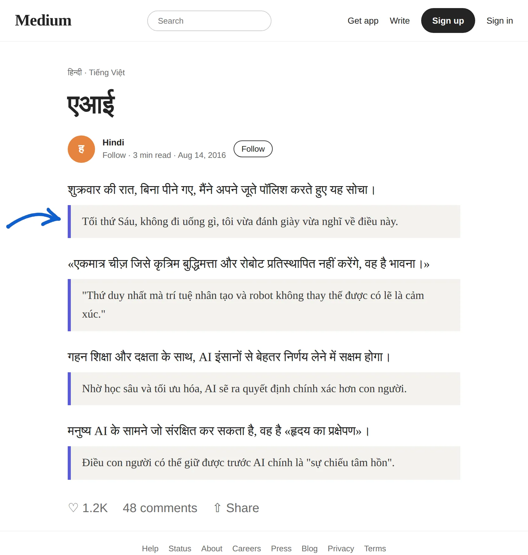 Hindi article translated to Vietnamese with BothLang