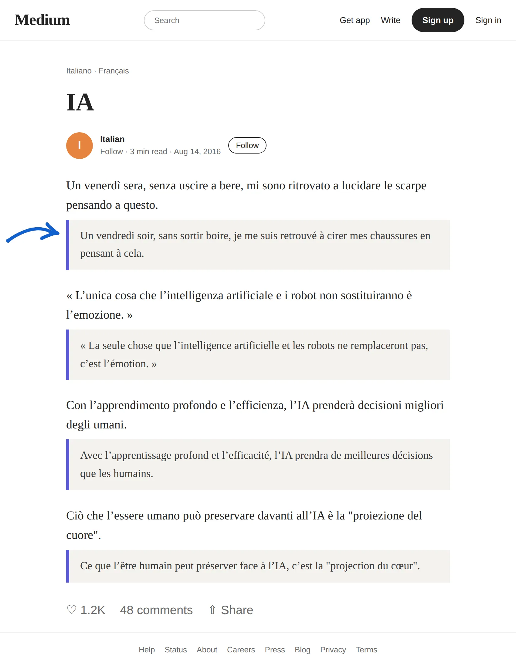 Italian article translated to French with BothLang