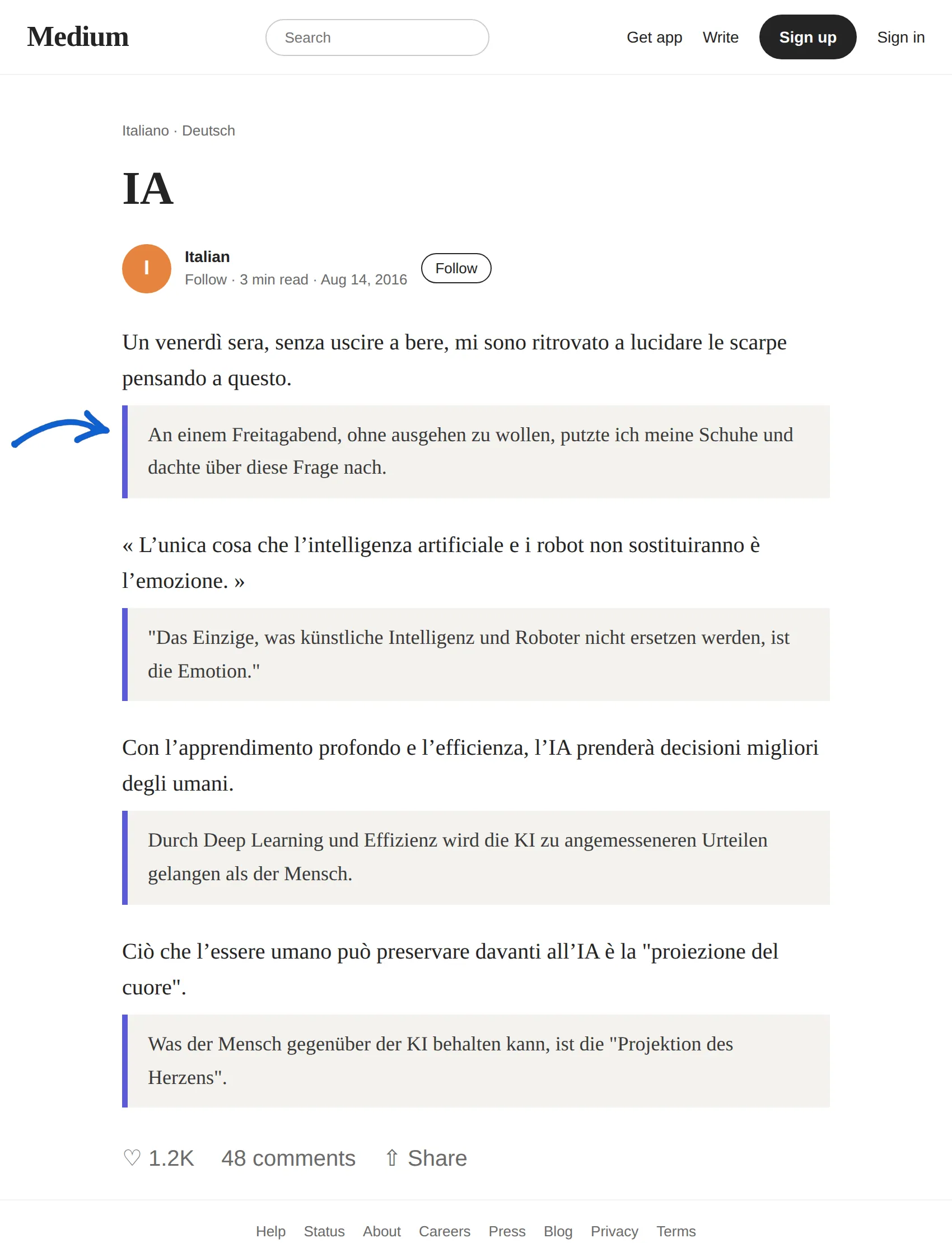 Italian article translated to German with BothLang