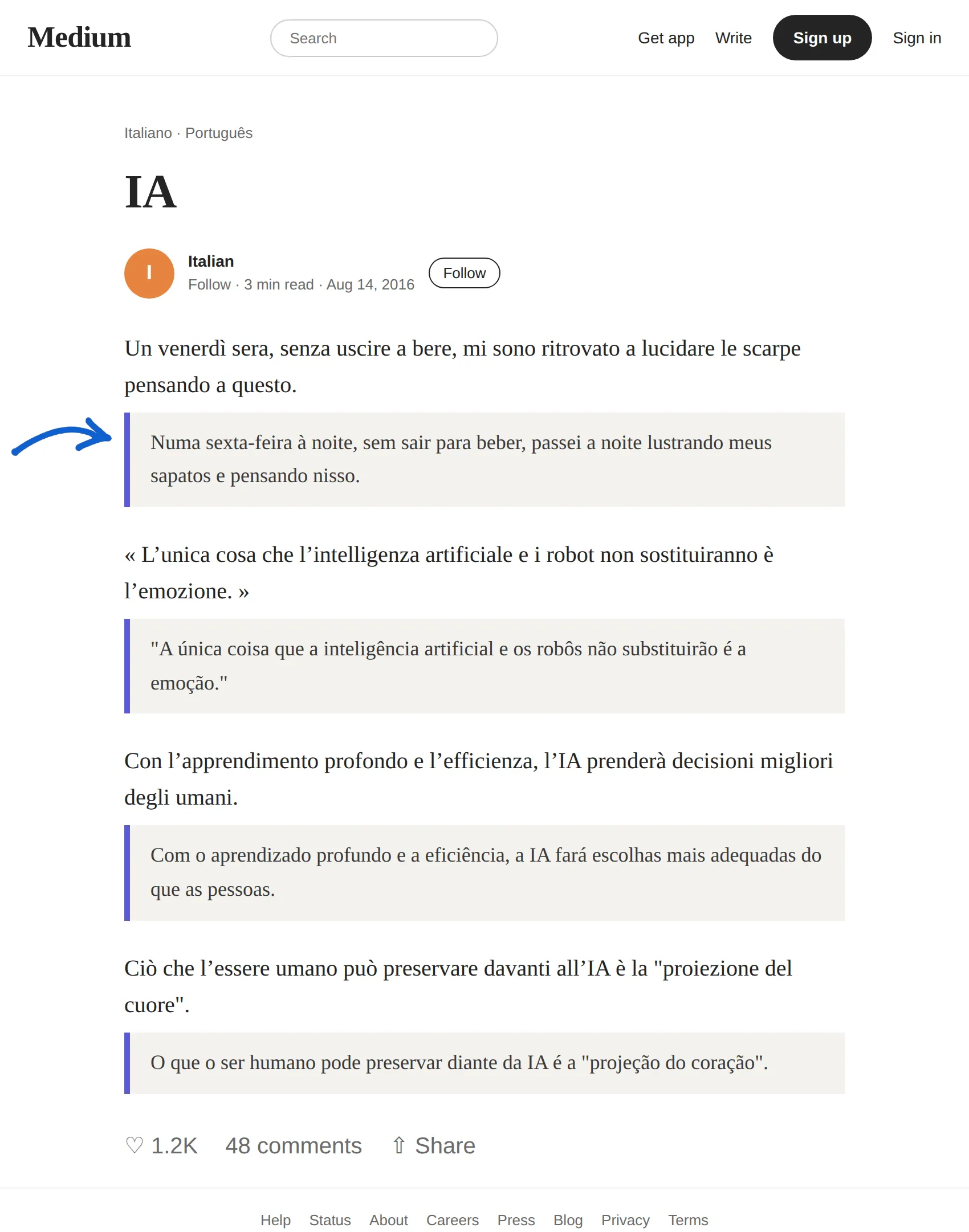 Italian article translated to Portuguese with BothLang