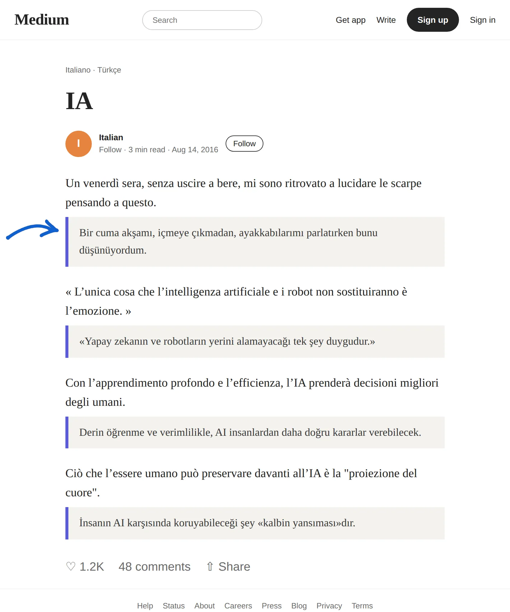 Italian article translated to Turkish with BothLang