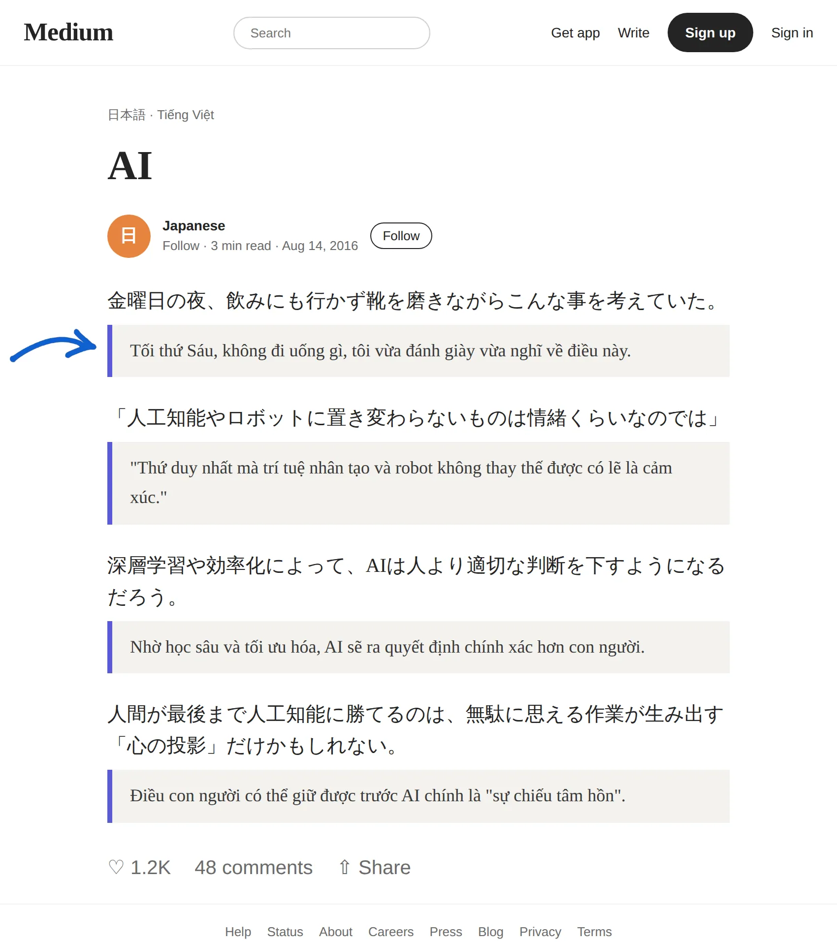 Japanese article translated to Vietnamese with BothLang