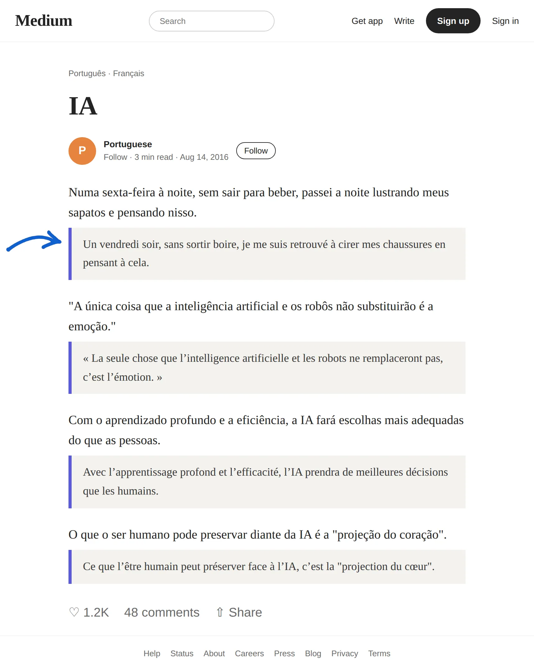 Portuguese article translated to French with BothLang