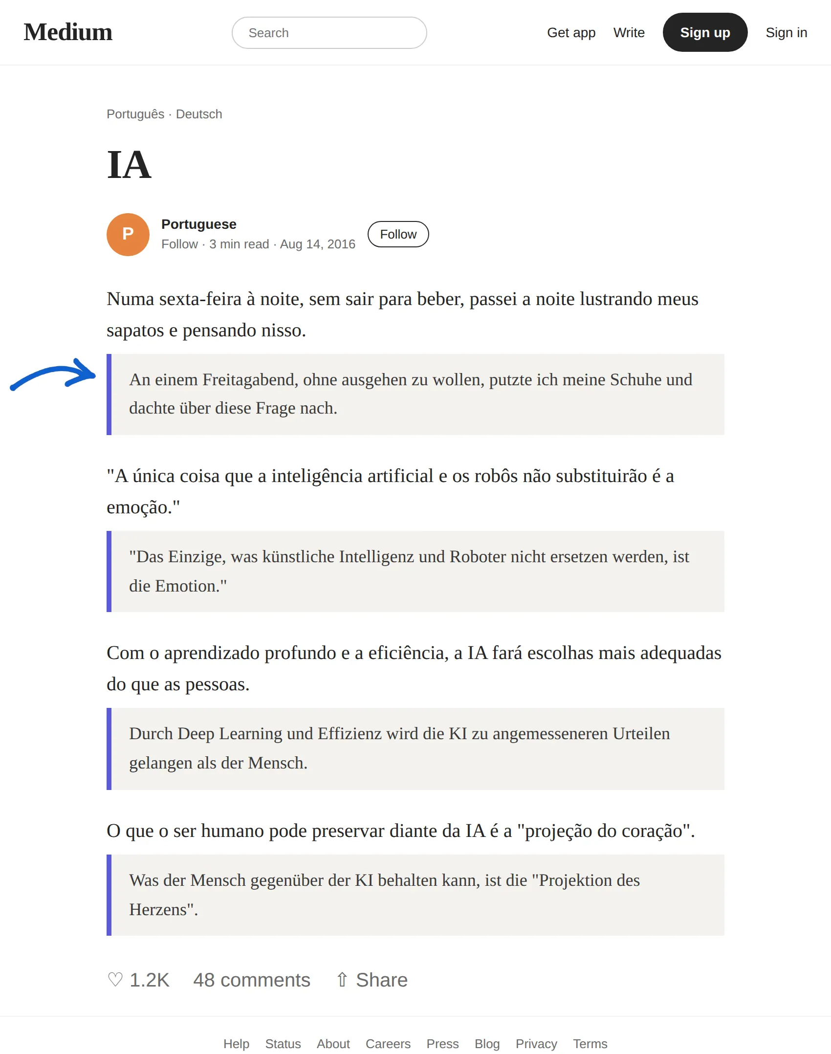Portuguese article translated to German with BothLang