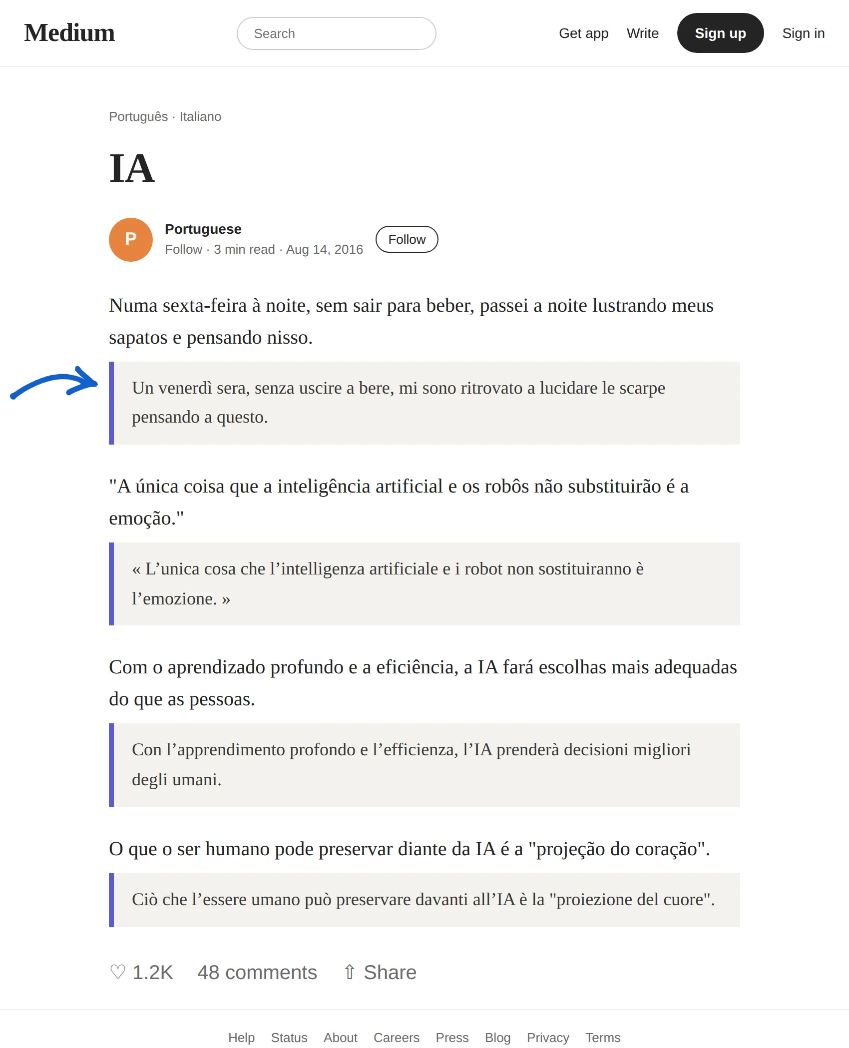 Portuguese article translated to Italian with BothLang