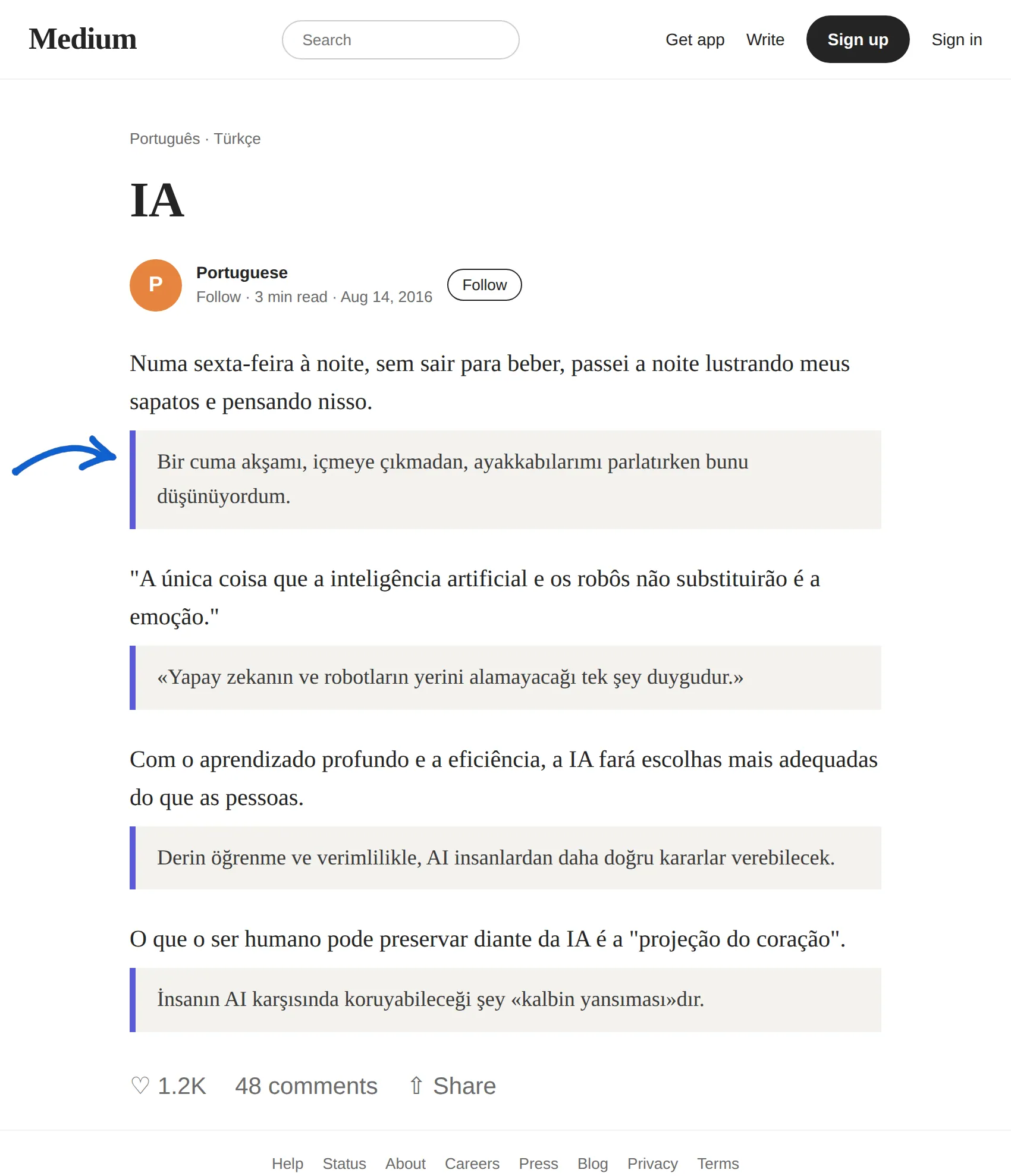 Portuguese article translated to Turkish with BothLang