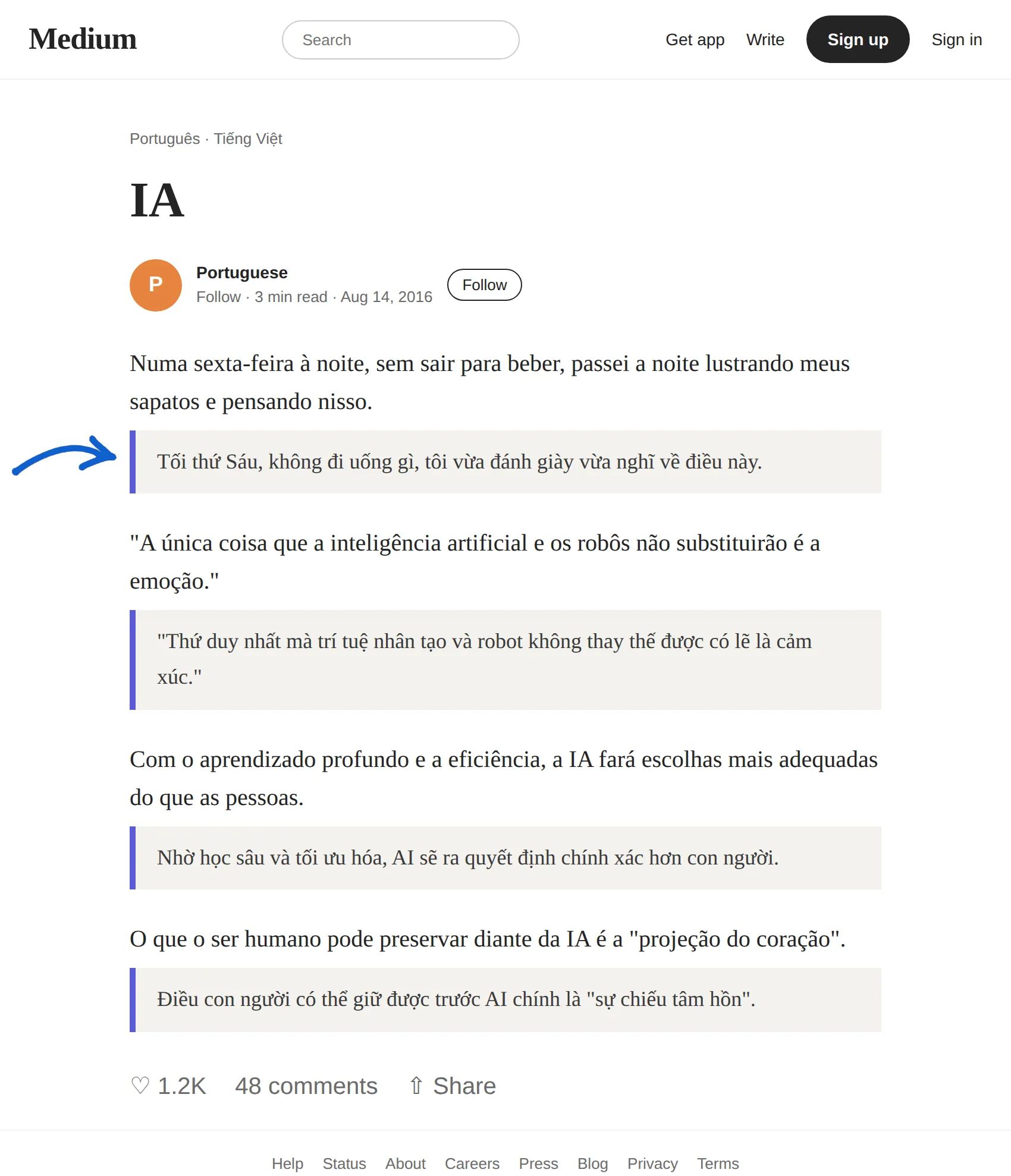 Portuguese article translated to Vietnamese with BothLang