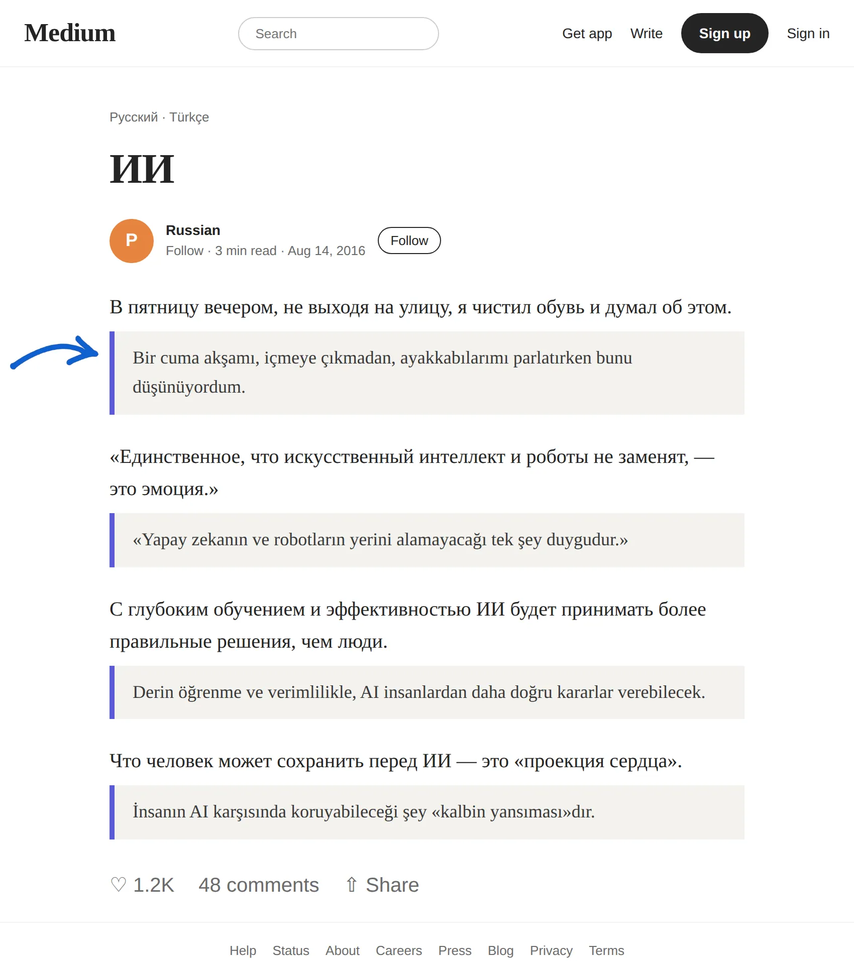 Russian article translated to Turkish with BothLang
