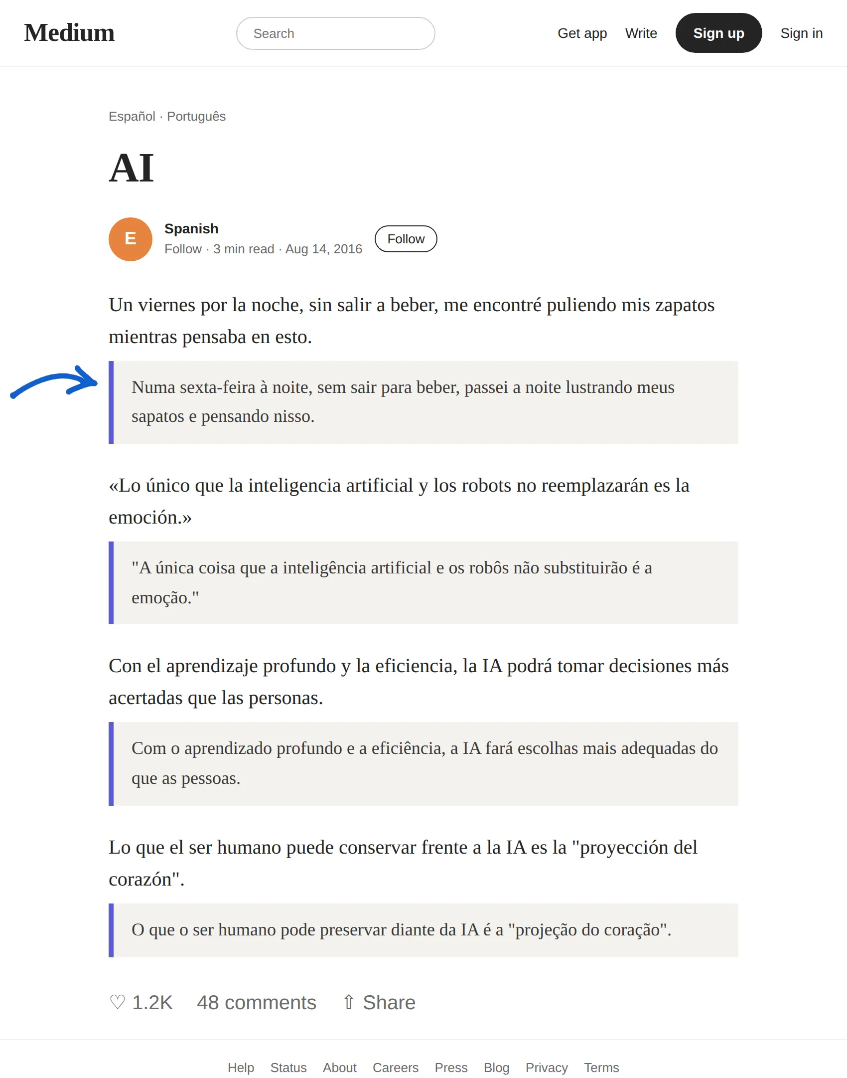 Spanish article translated to Portuguese with BothLang