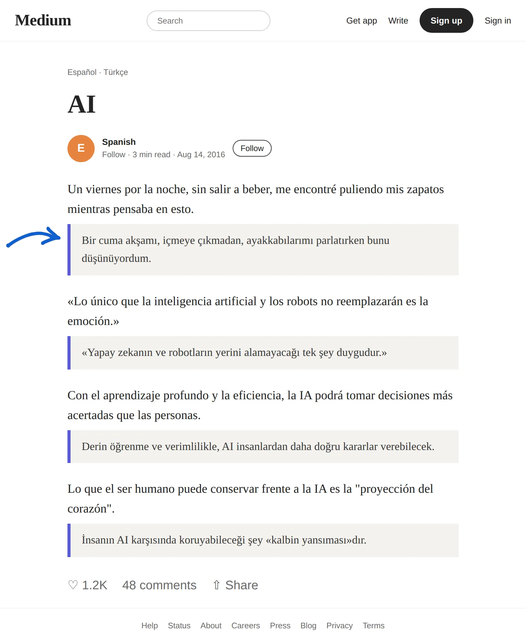 Spanish article translated to Turkish with BothLang