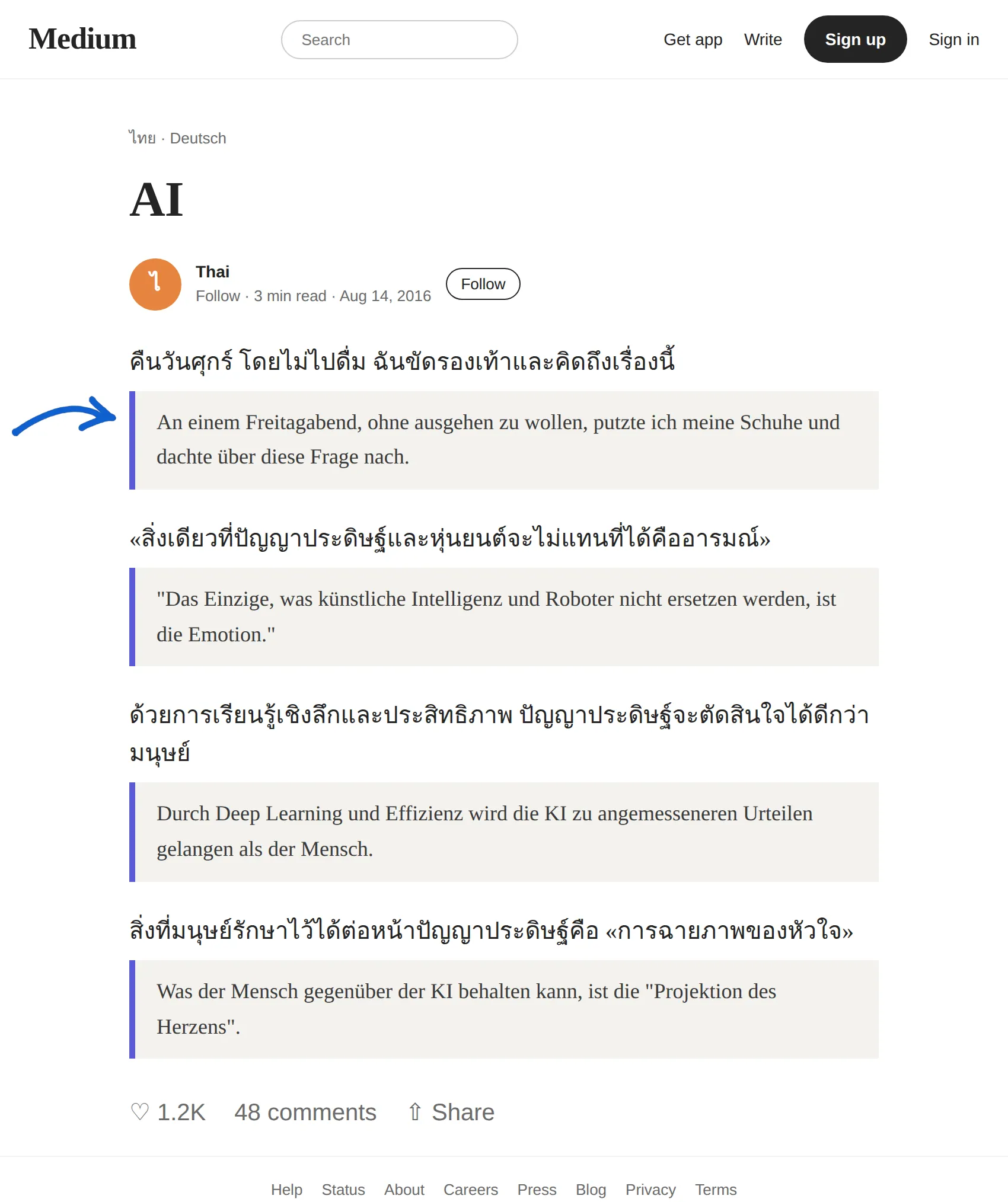 Thai article translated to German with BothLang