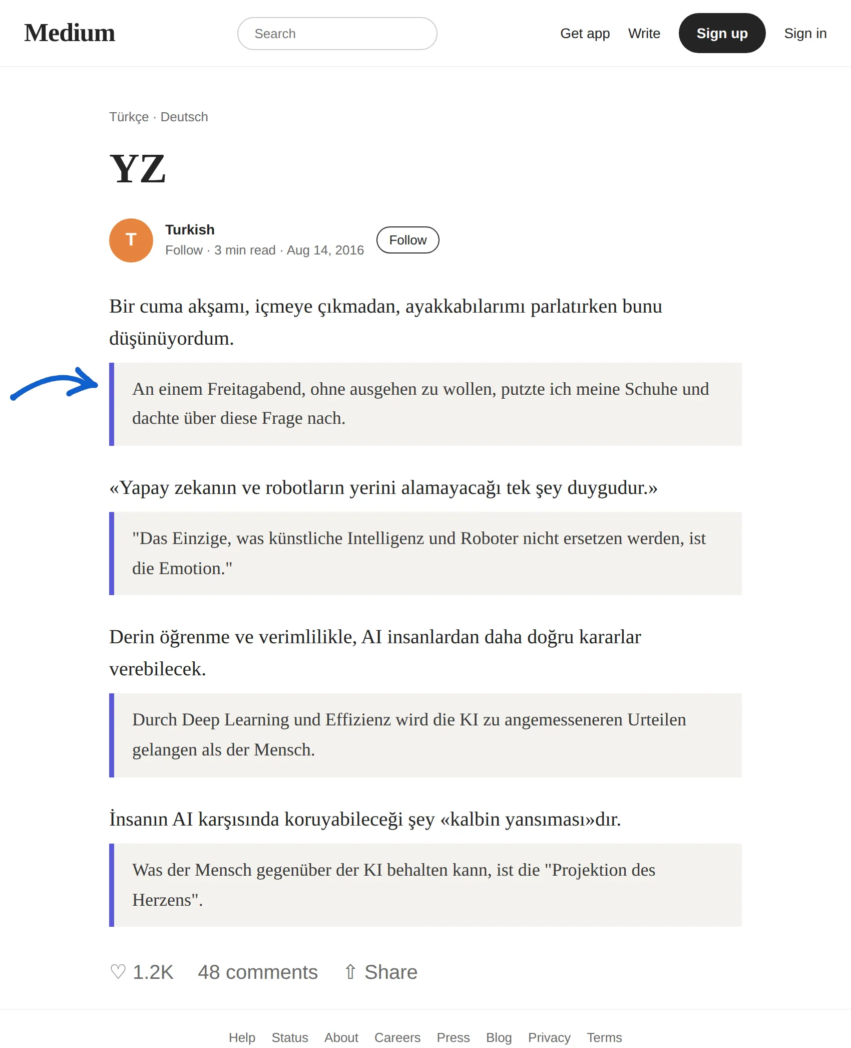 Turkish article translated to German with BothLang