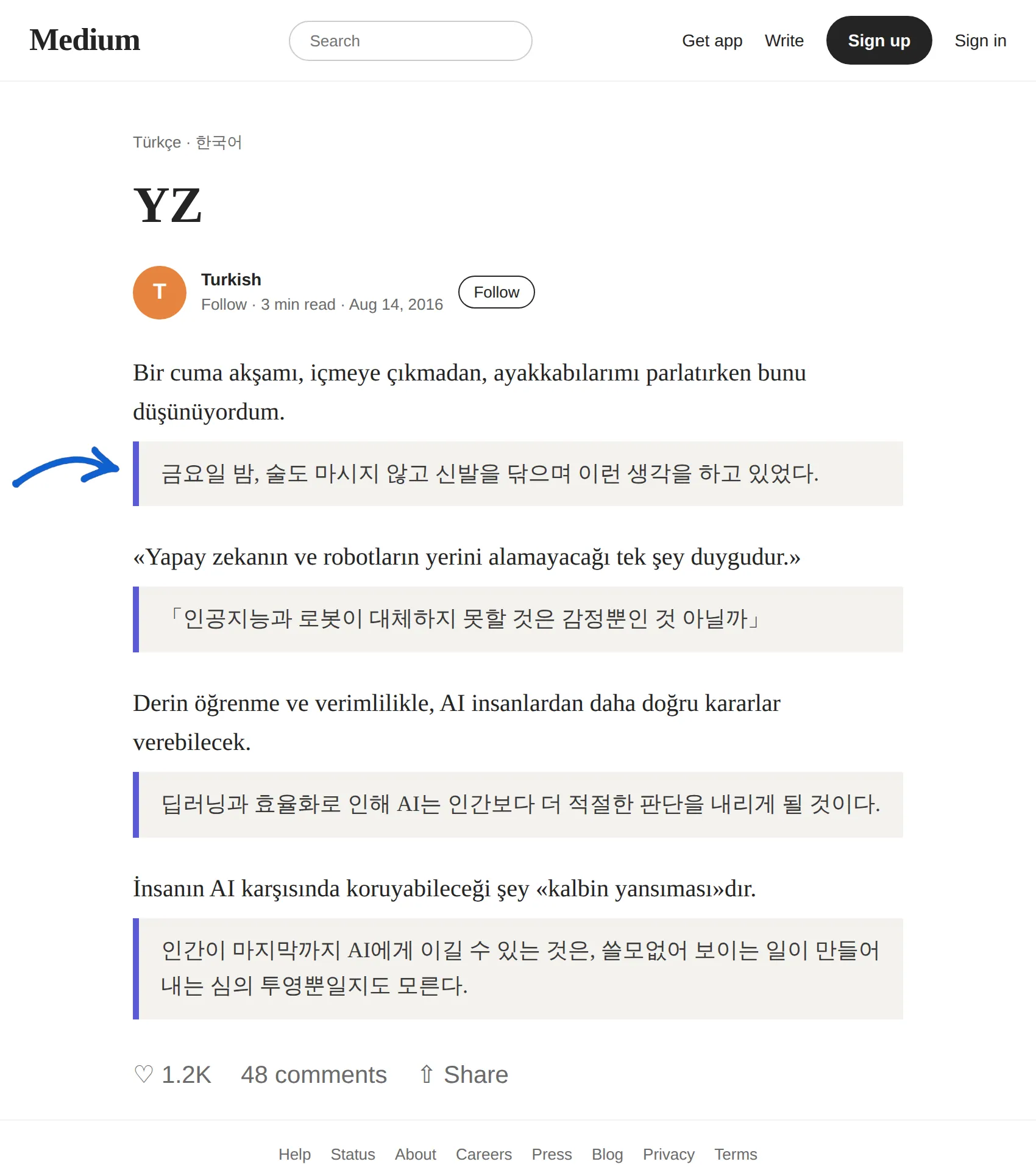 Turkish article translated to Korean with BothLang