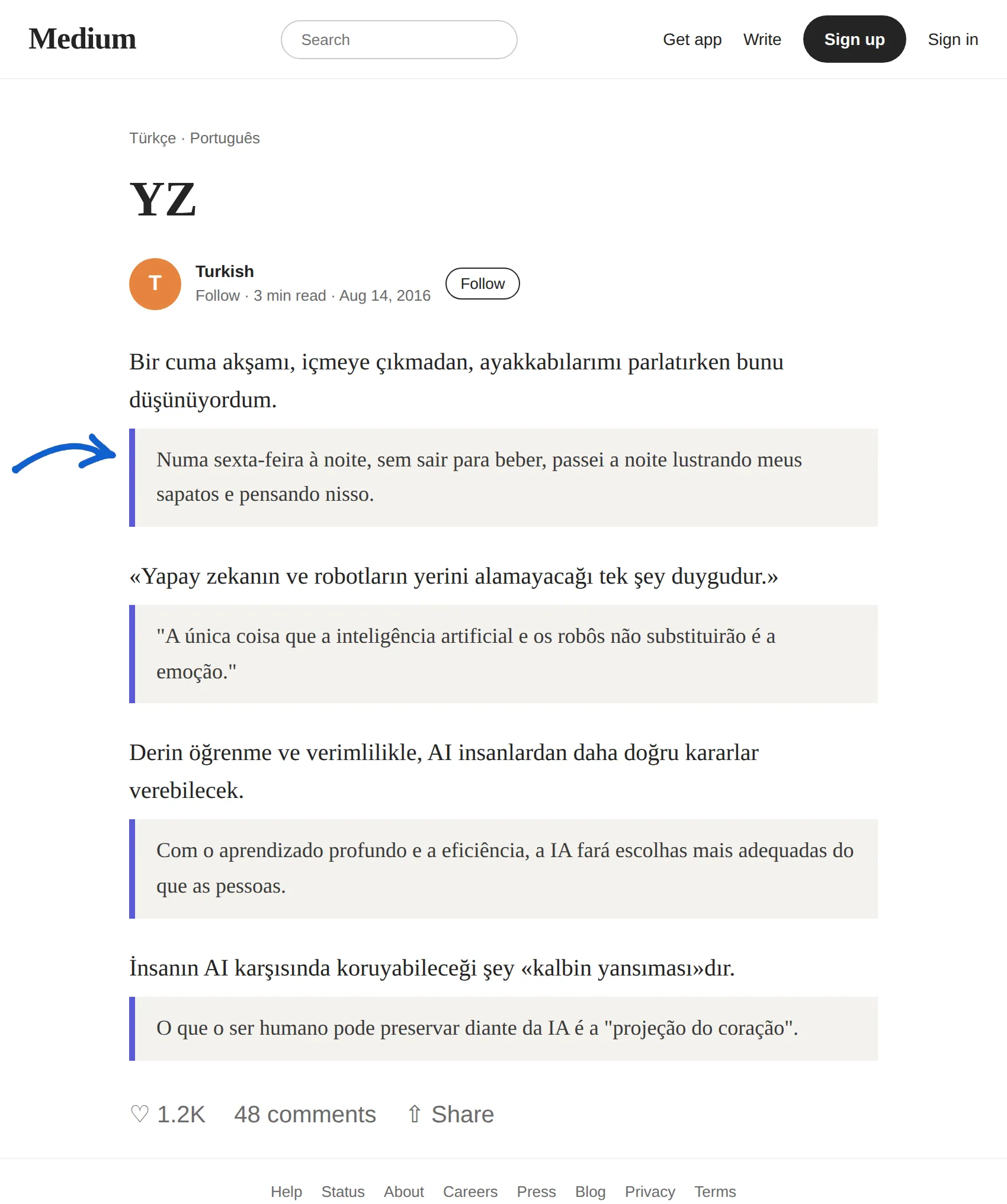 Turkish article translated to Portuguese with BothLang