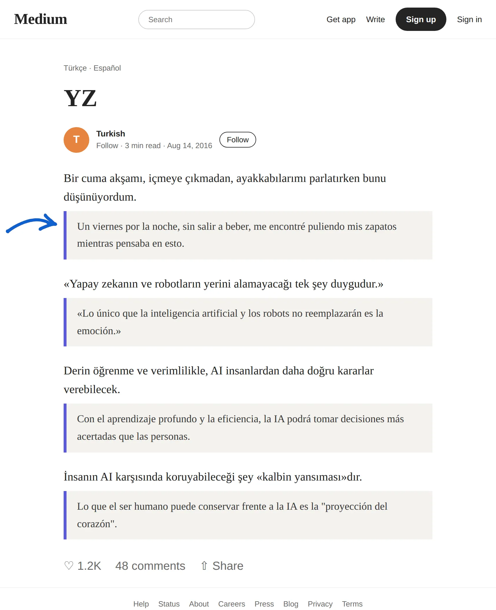 Turkish article translated to Spanish with BothLang