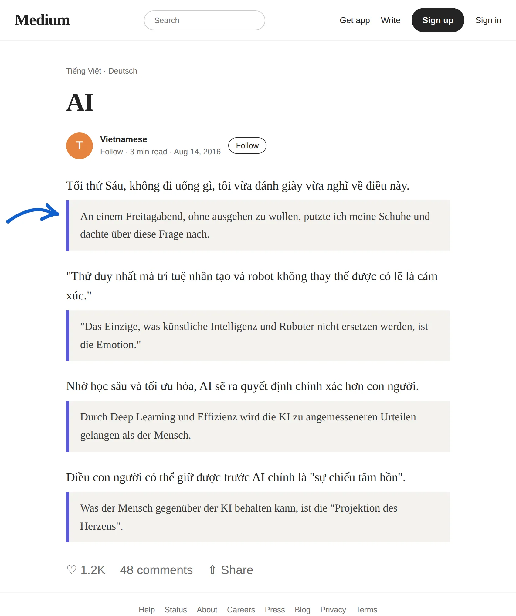Vietnamese article translated to German with BothLang