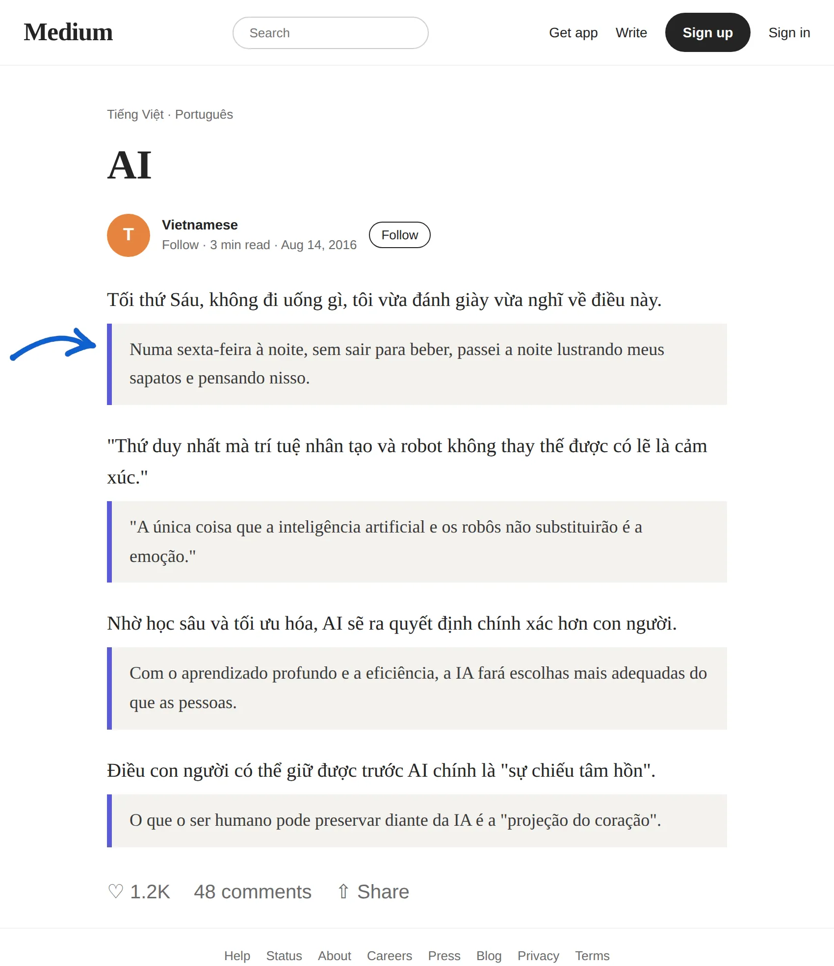 Vietnamese article translated to Portuguese with BothLang