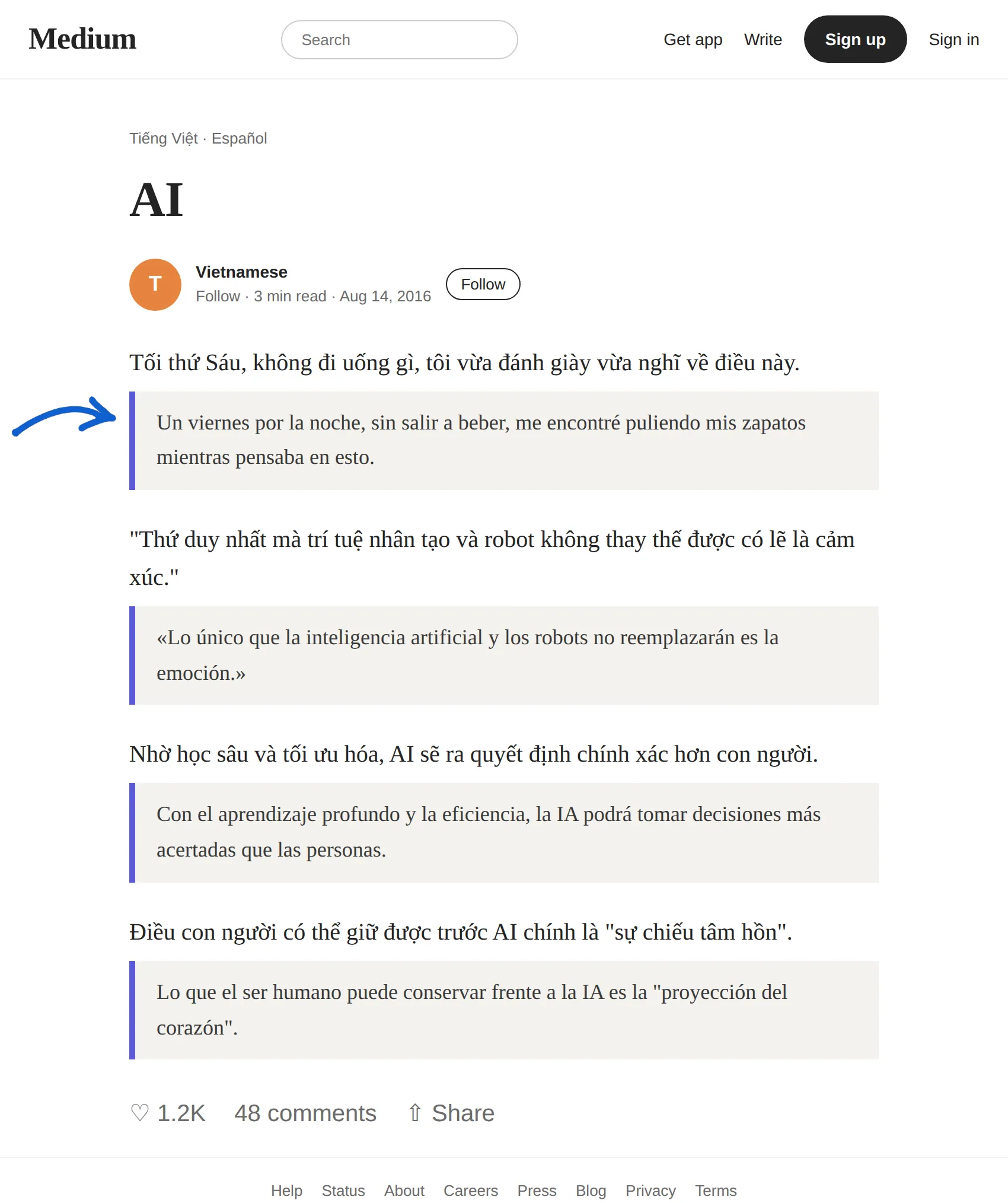 Vietnamese article translated to Spanish with BothLang