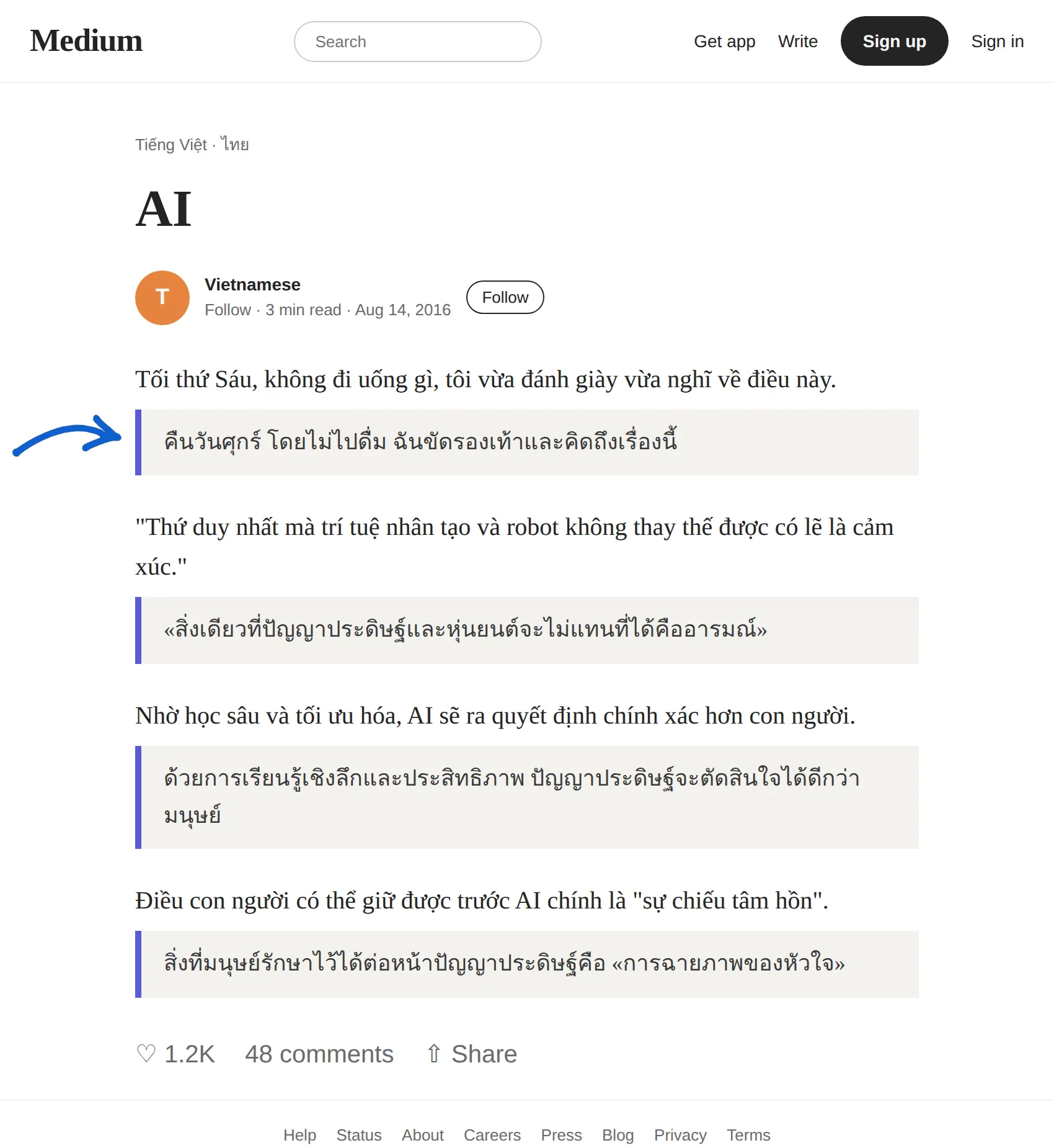 Vietnamese article translated to Thai with BothLang