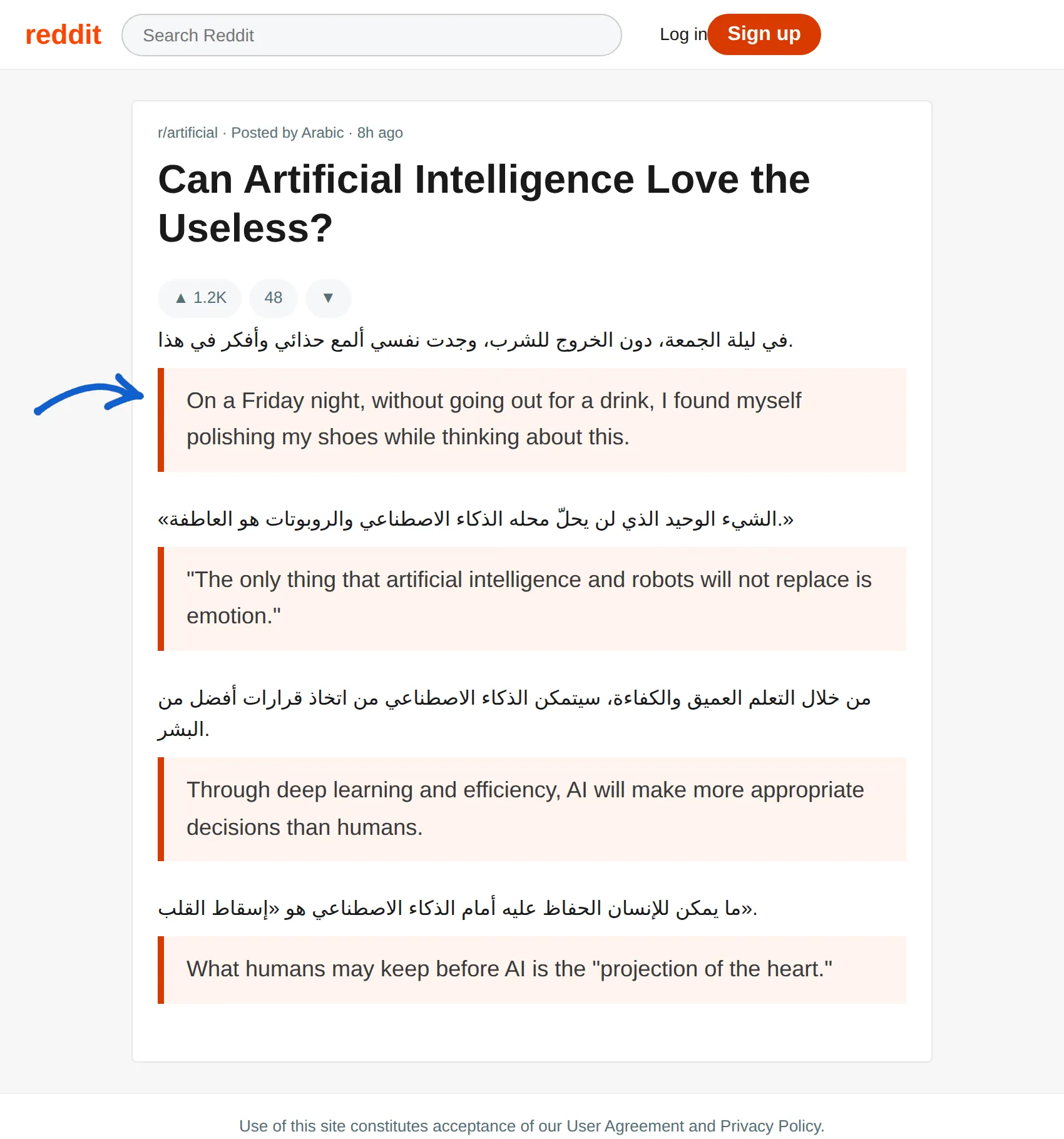 Arabic Reddit post translated to English with BothLang