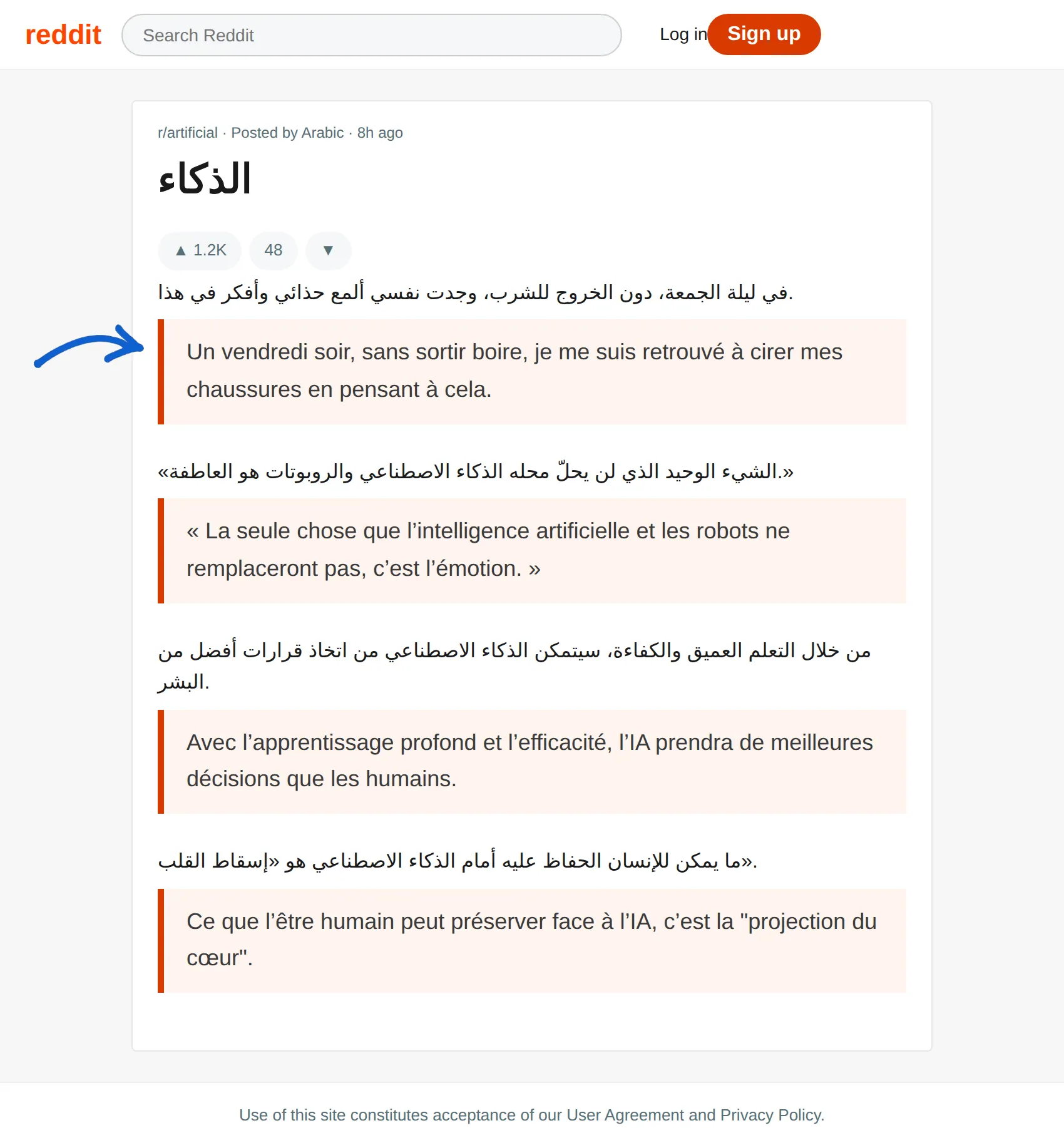 Arabic post translated to French with BothLang