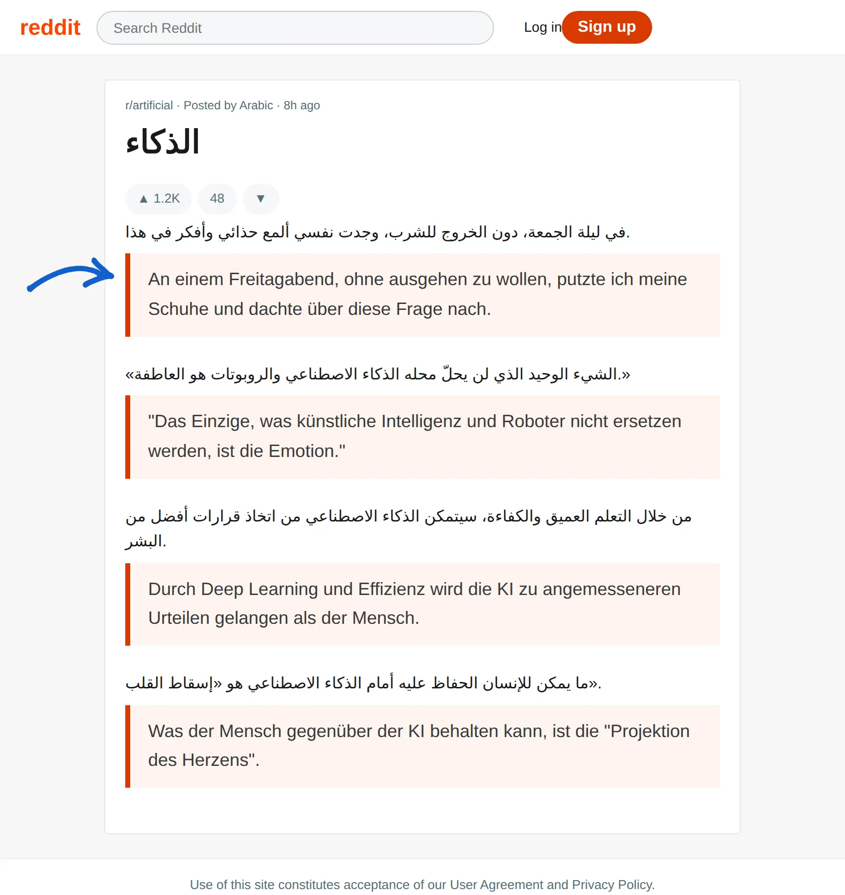 Arabic post translated to German with BothLang