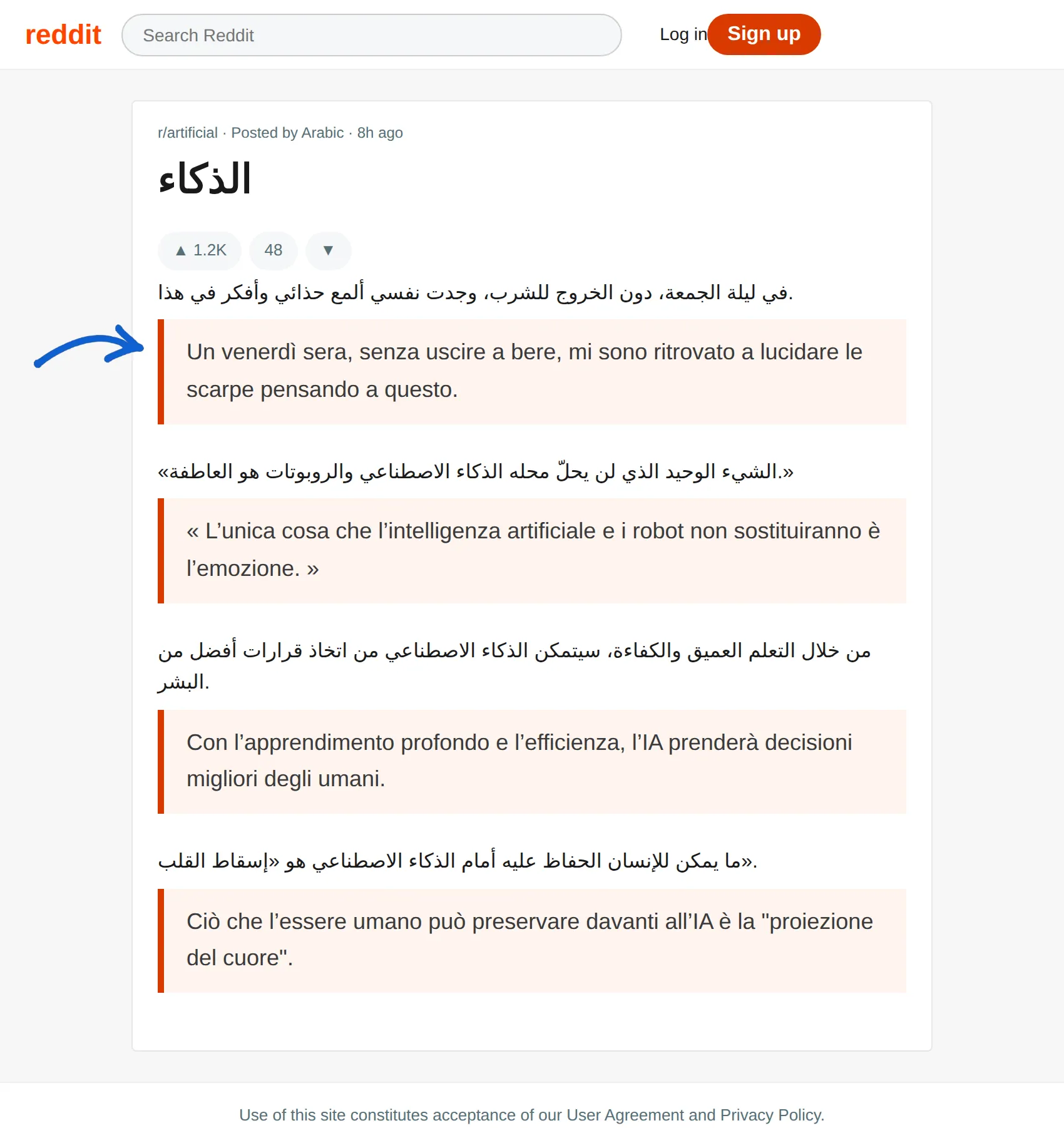 Arabic post translated to Italian with BothLang