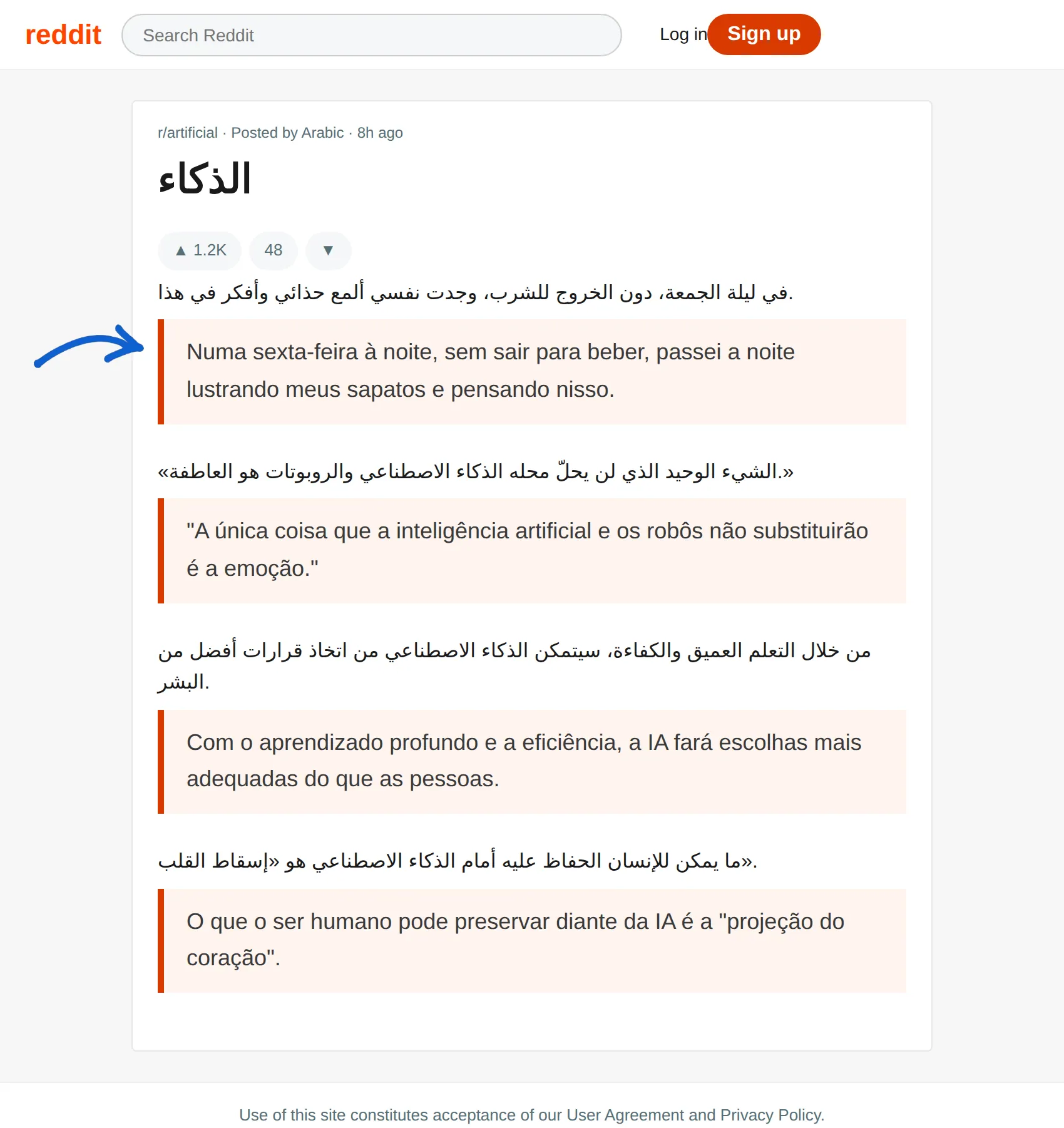 Arabic post translated to Portuguese with BothLang