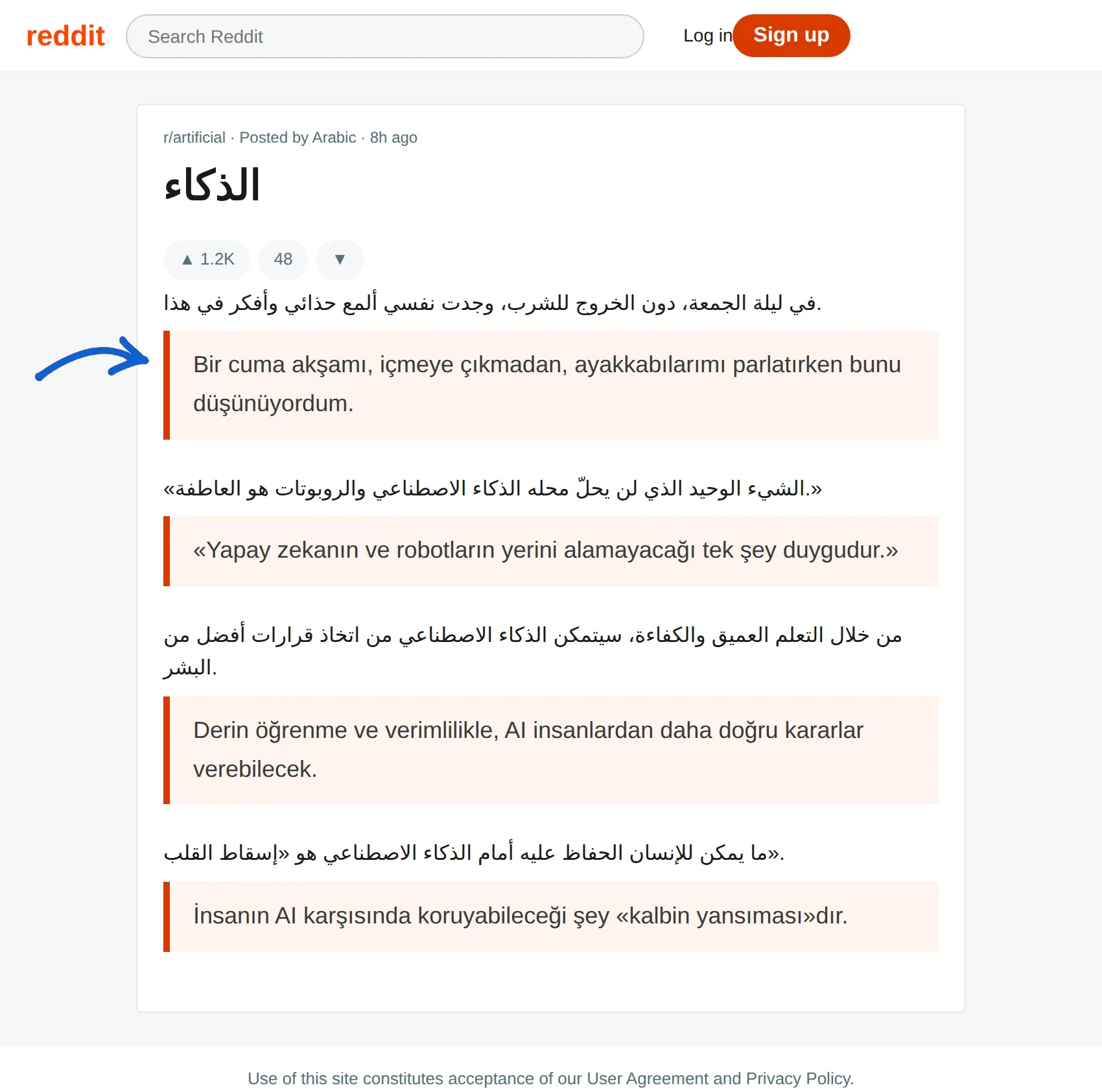 Arabic post translated to Turkish with BothLang