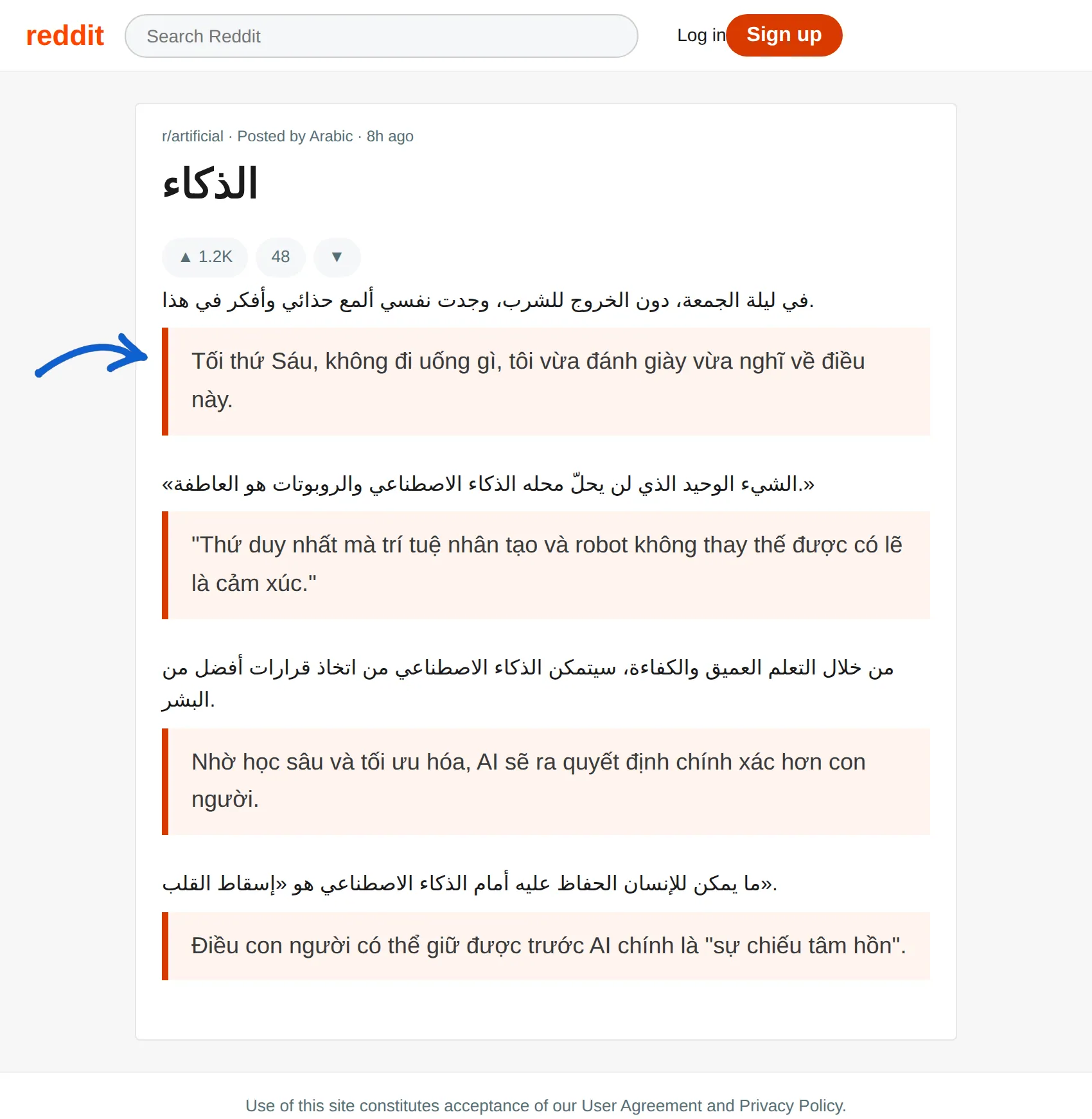 Arabic post translated to Vietnamese with BothLang