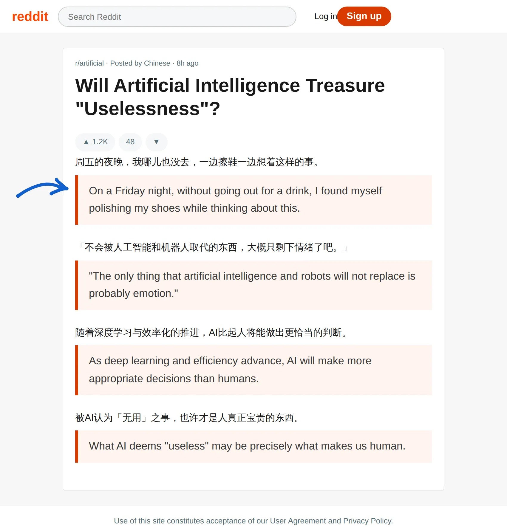 Chinese Reddit post translated to English with BothLang