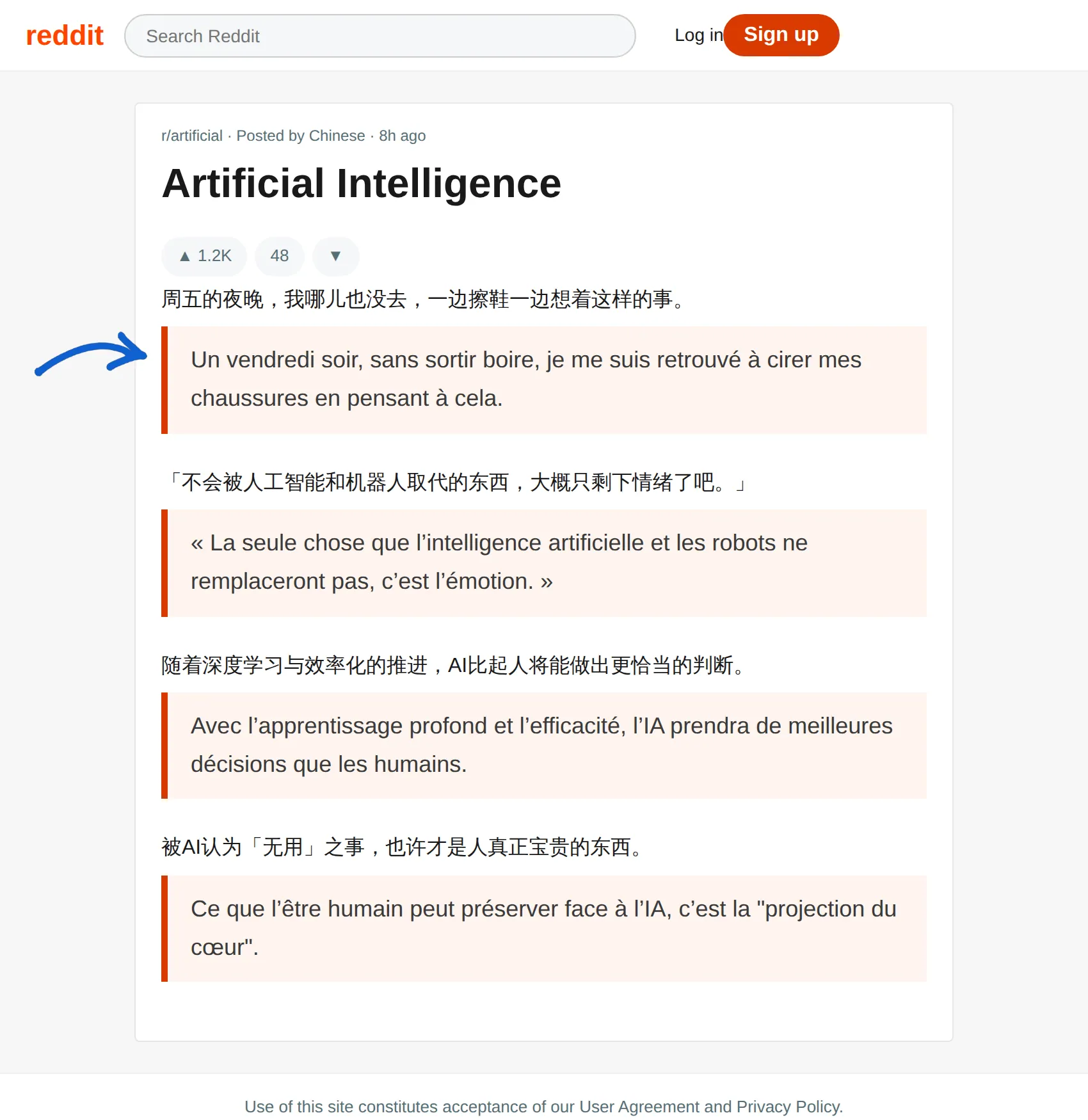 Chinese post translated to French with BothLang