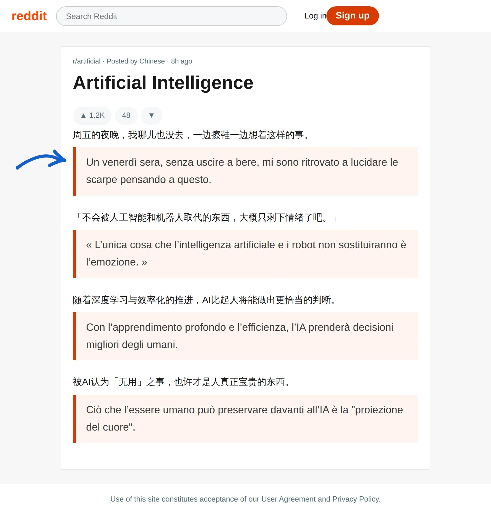 Chinese post translated to Italian with BothLang