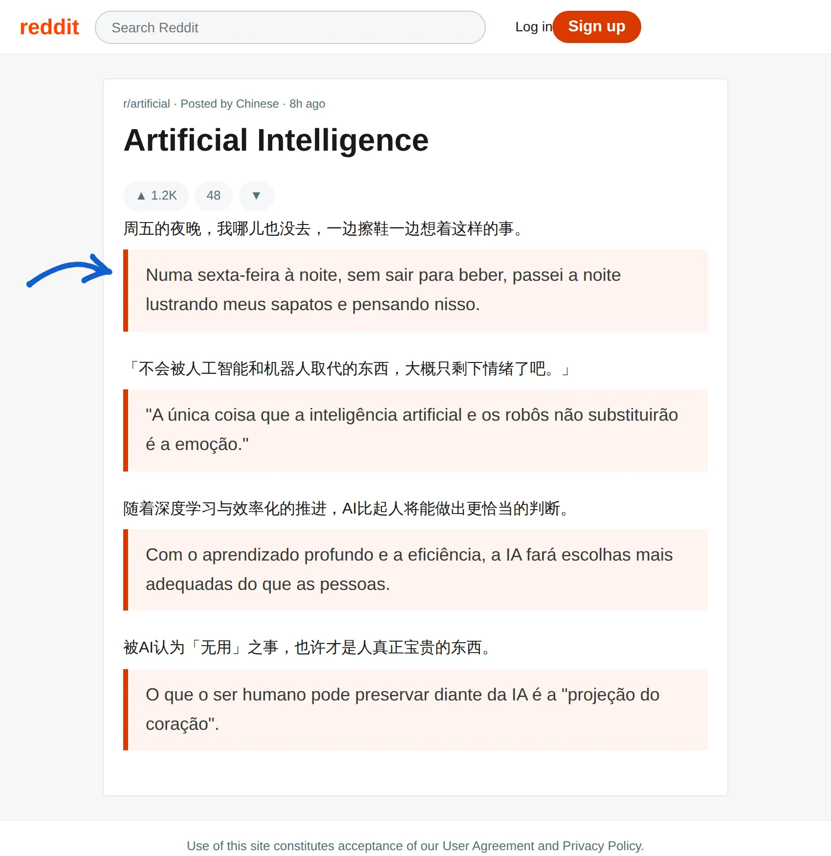 Chinese post translated to Portuguese with BothLang