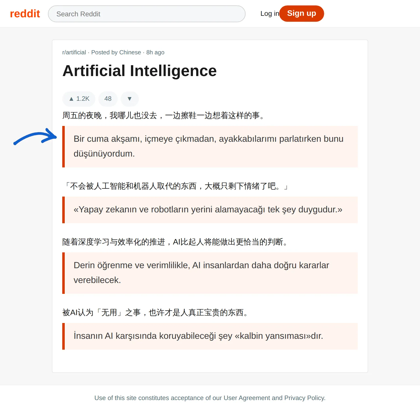 Chinese post translated to Turkish with BothLang