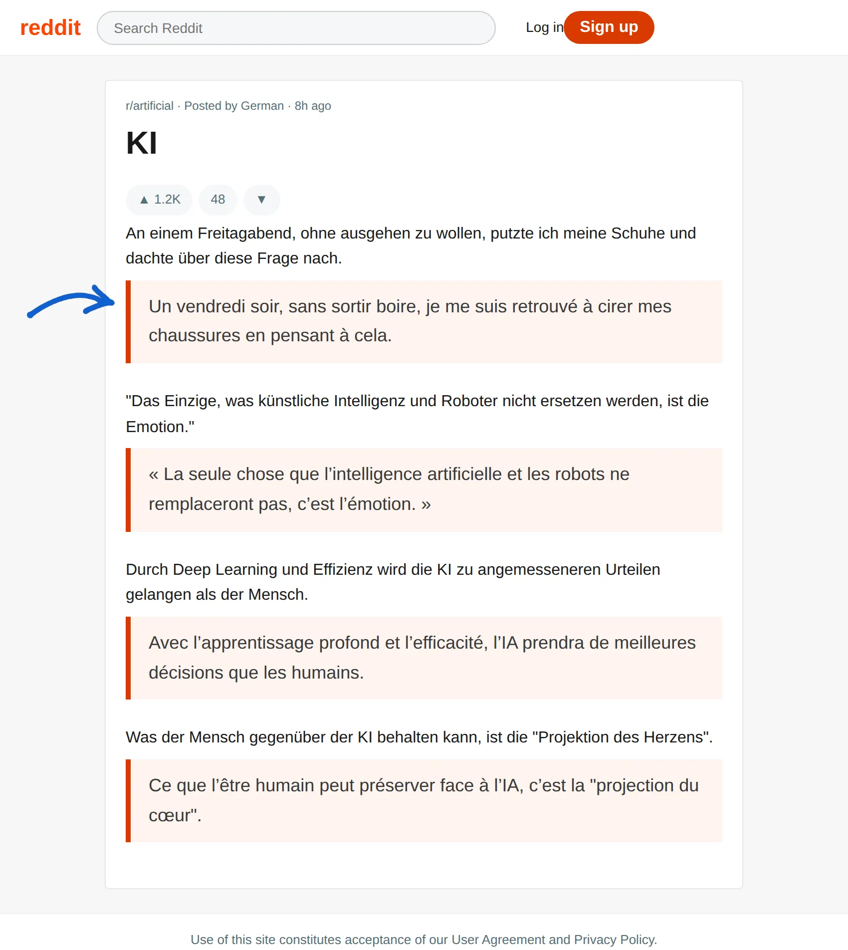 German post translated to French with BothLang
