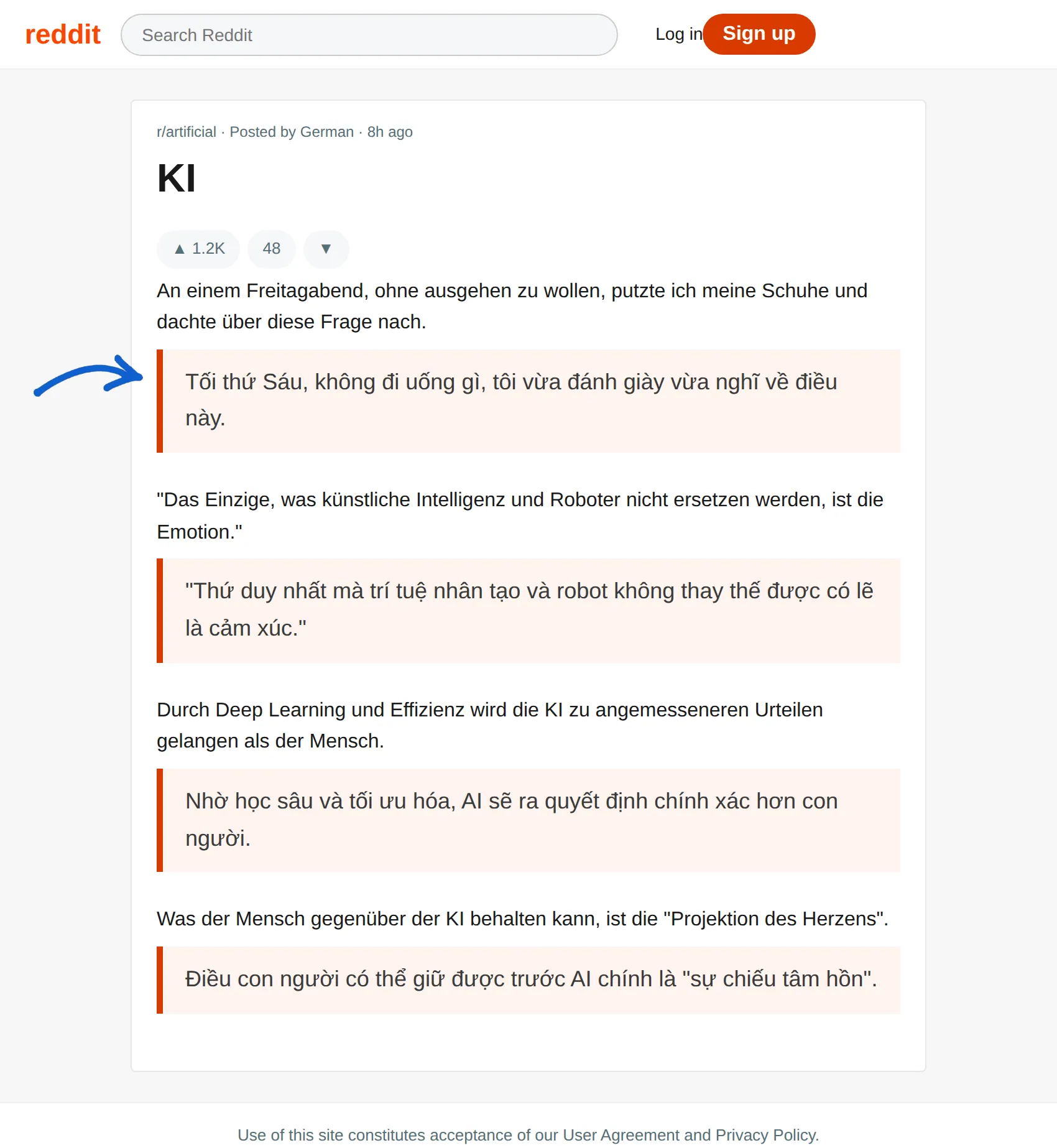 German post translated to Vietnamese with BothLang