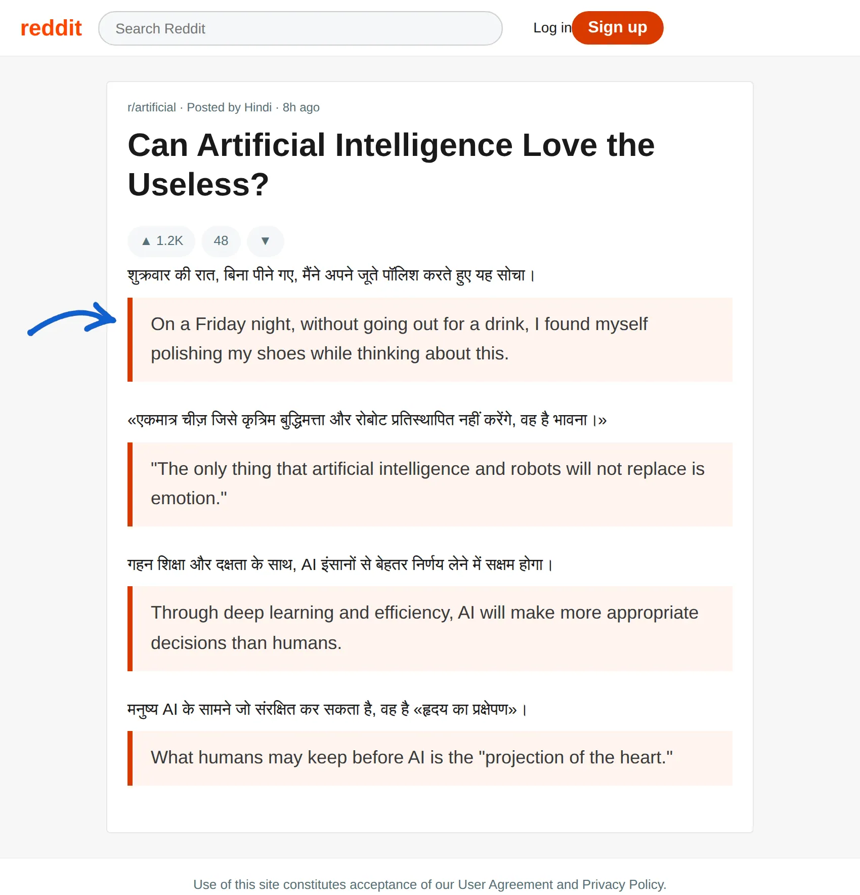 Hindi Reddit post translated to English with BothLang