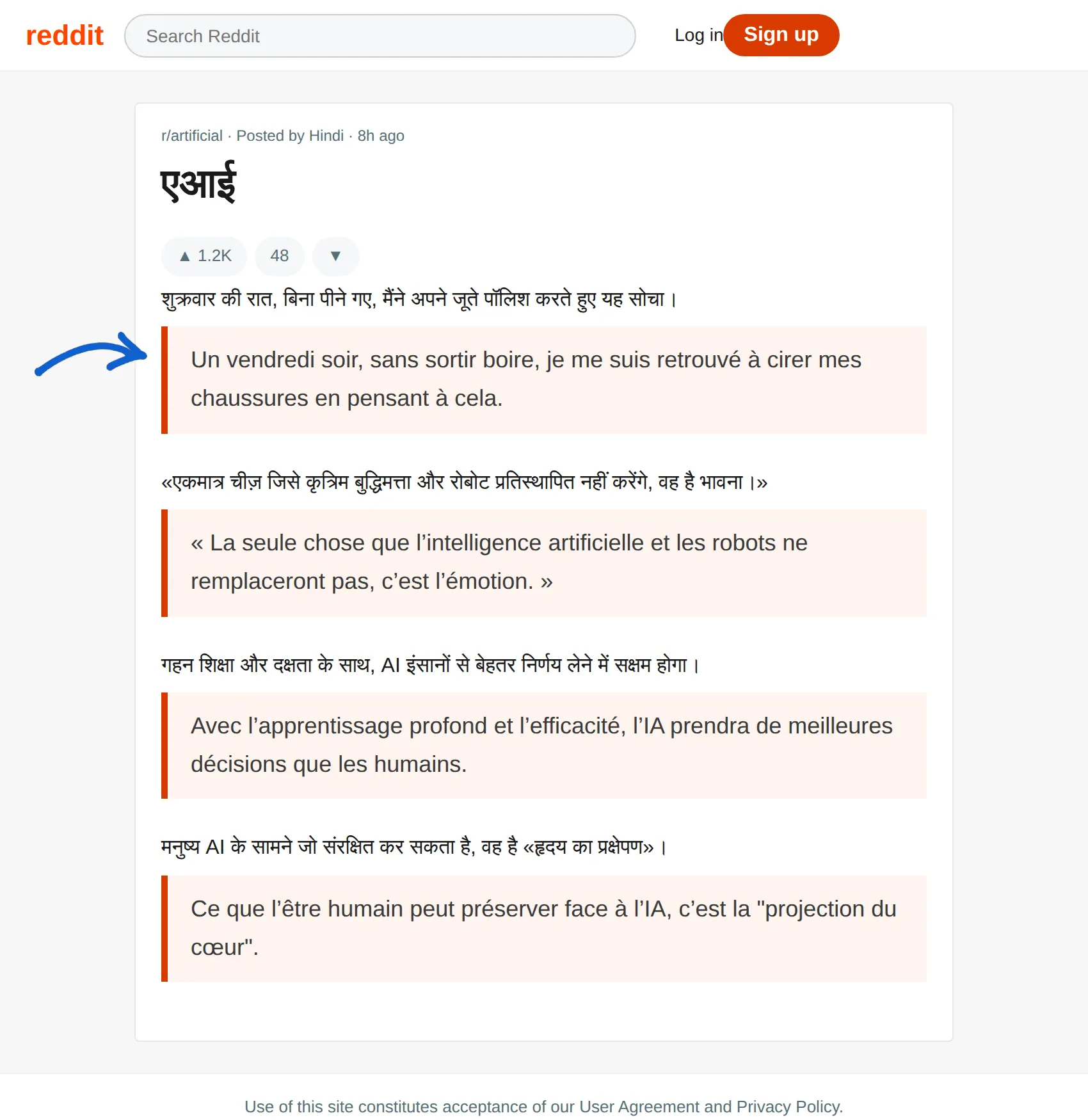Hindi post translated to French with BothLang