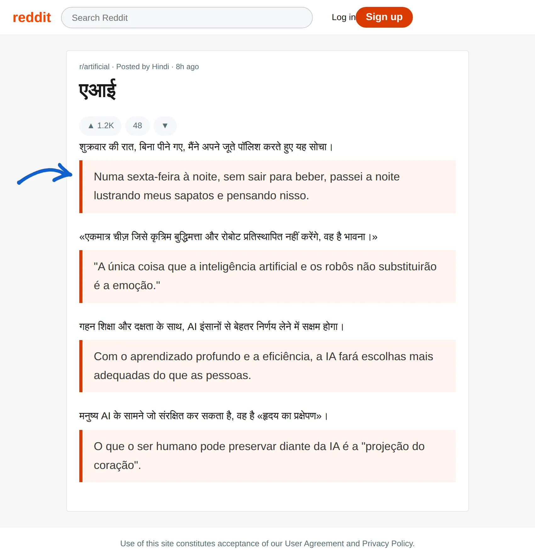 Hindi post translated to Portuguese with BothLang
