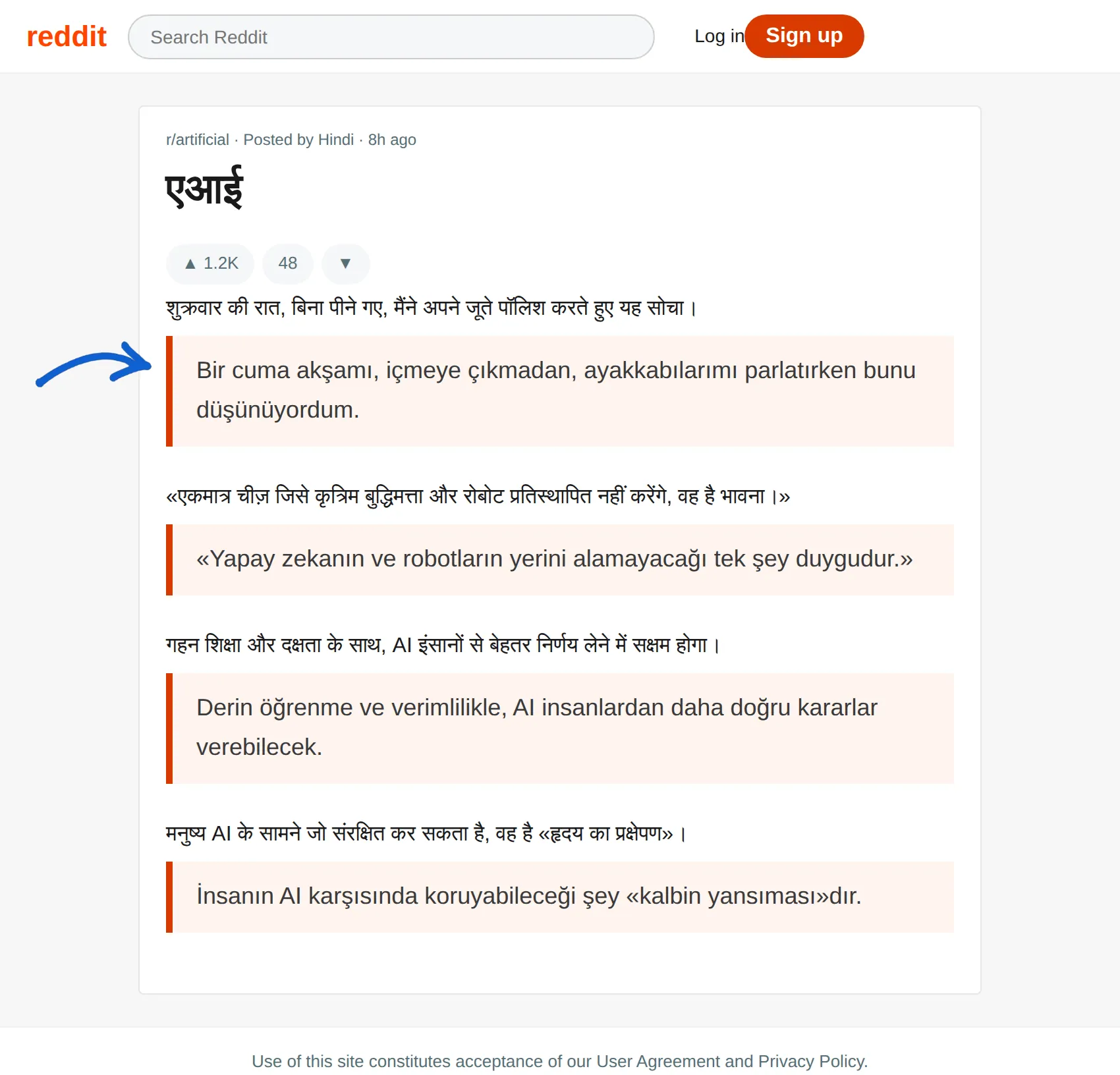 Hindi post translated to Turkish with BothLang