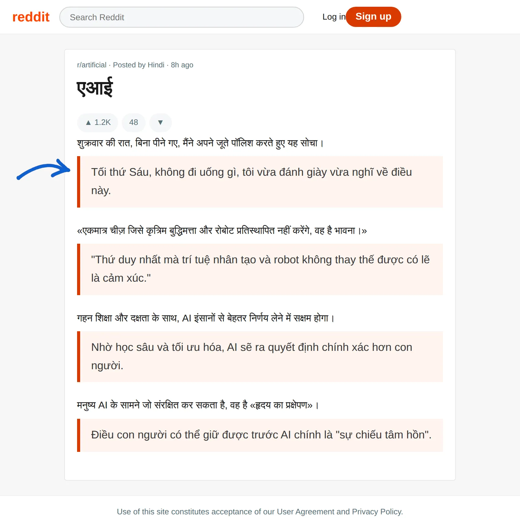 Hindi post translated to Vietnamese with BothLang