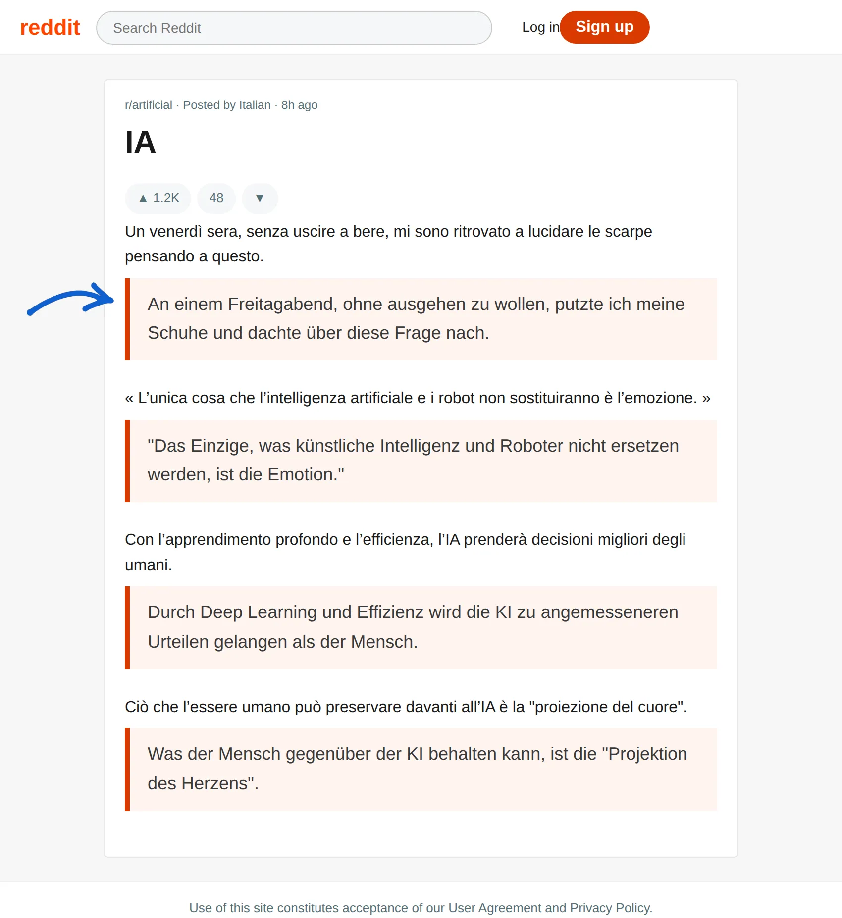 Italian post translated to German with BothLang