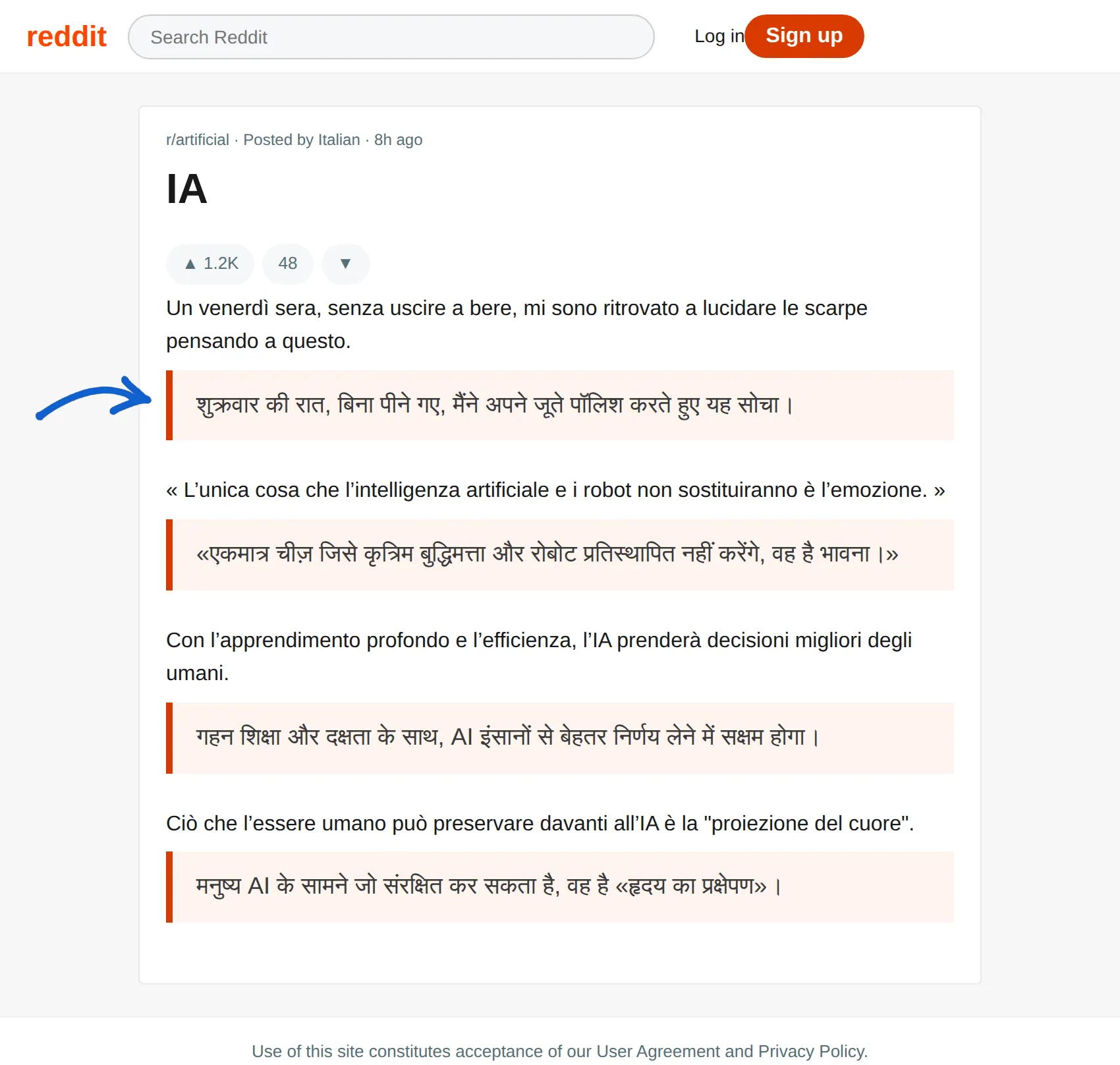 Italian post translated to Hindi with BothLang
