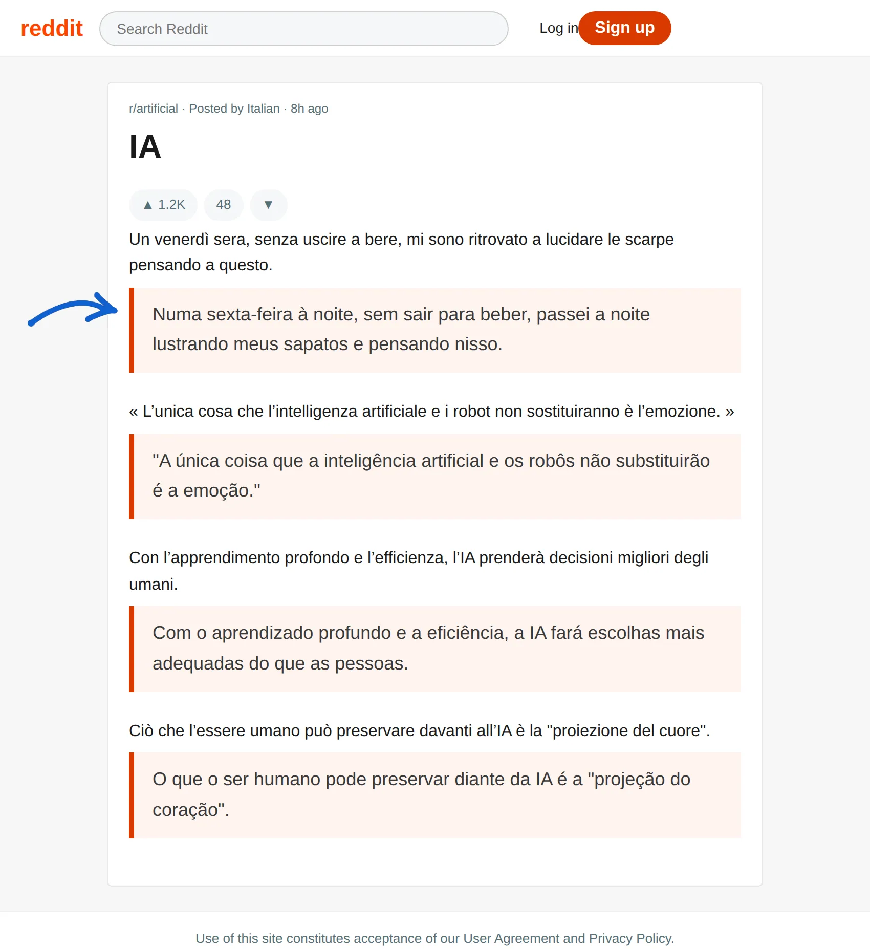 Italian post translated to Portuguese with BothLang